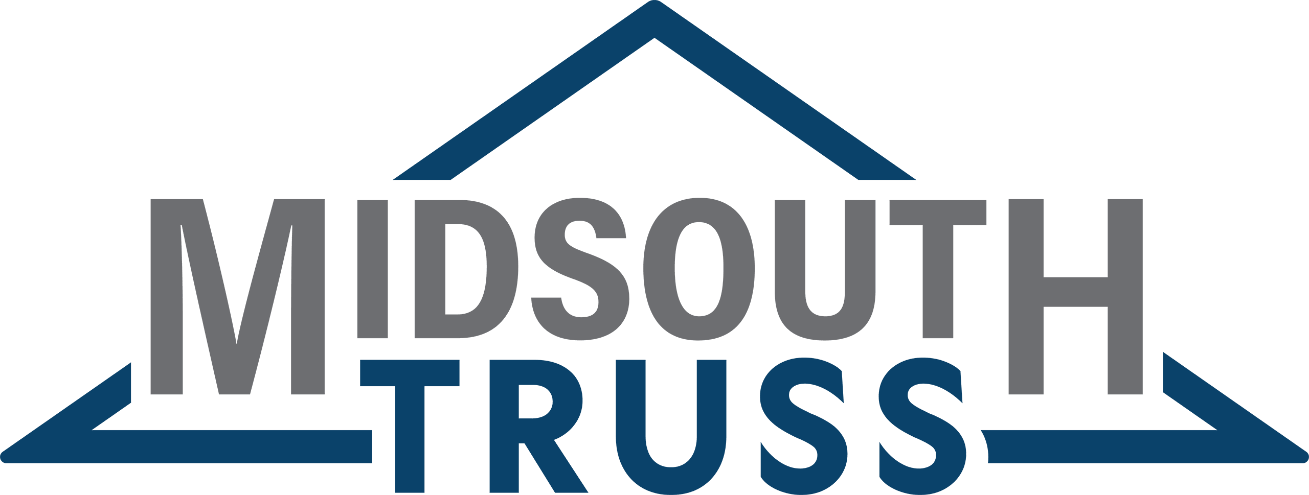 Logo with the words "MIDSOUTH TRUSS" in bold letters, with blue lines forming a roof shape above and below the text.