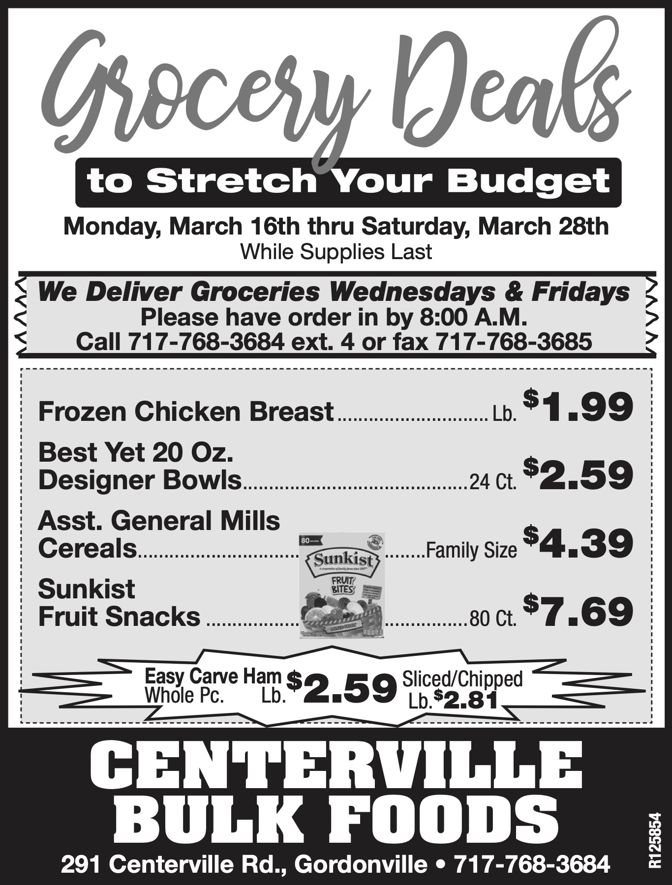 Black and white grocery ad listing sale prices for chicken breast, Best Yet water, General Mills cereals, Sunkist fruit snacks, and cheese at Centerville Bulk Foods.