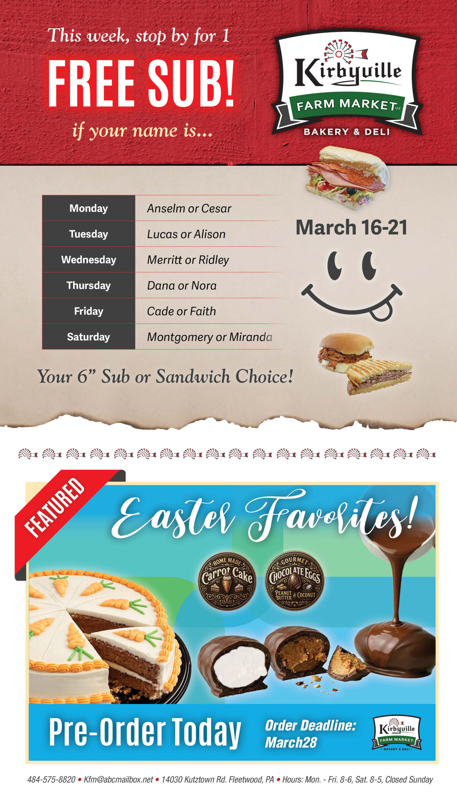 Promotional flyer for Kirbyville Farm Market offering a free sub from March 16-21, a daily name schedule, and Easter favorites available for pre-order by March 28.