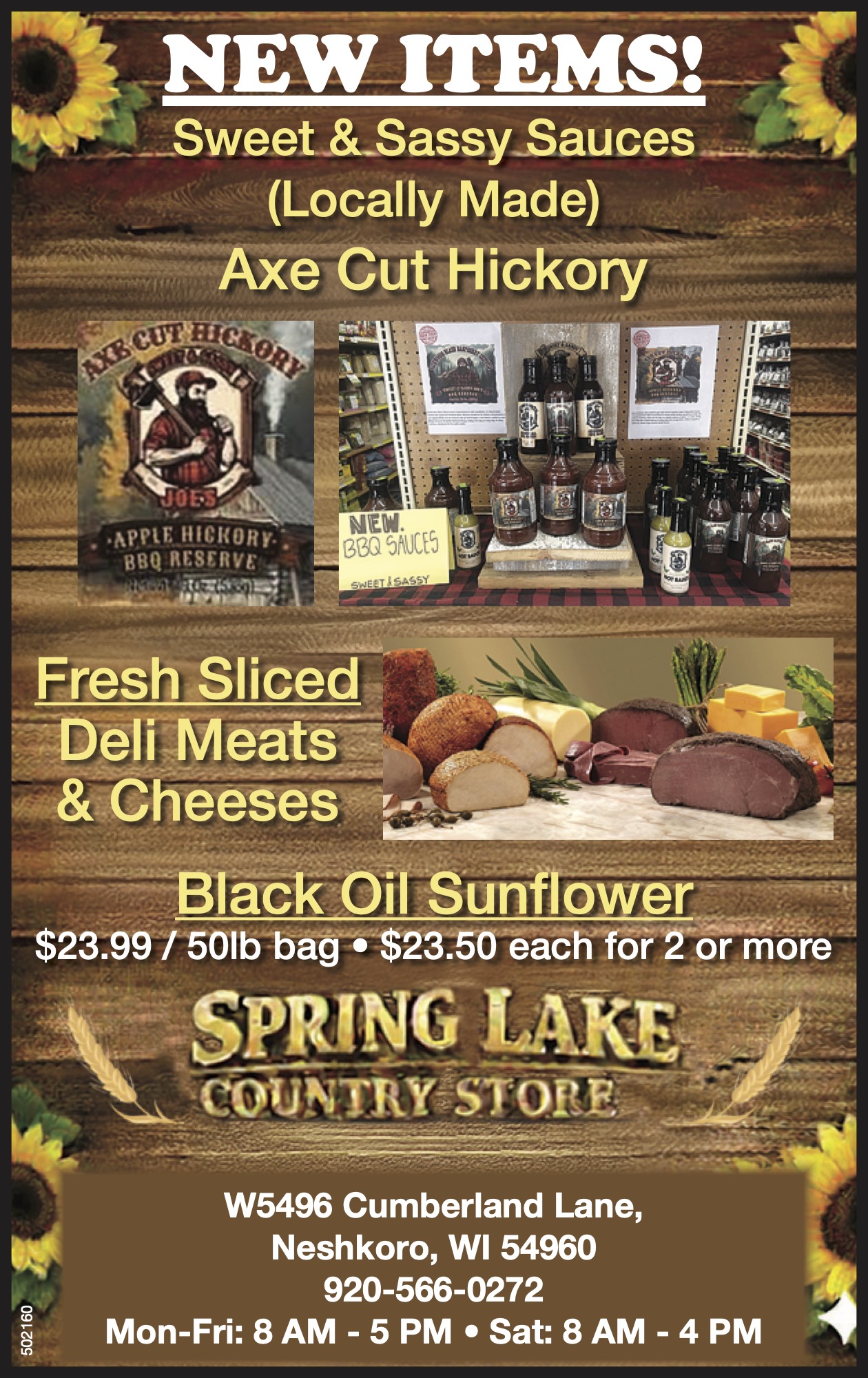 Flyer featuring new items at Spring Lake Country Store, including locally made sauces, deli meats, cheeses, black oil sunflower seeds, with store hours and contact information.