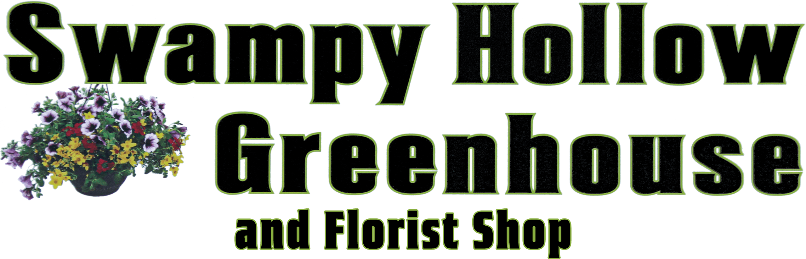 Sign reading "Swampy Hollow Greenhouse and Florist Shop" with an image of a flower arrangement on the left side.