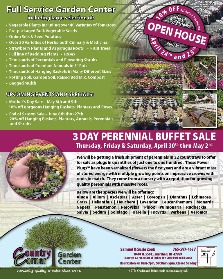 Flyer for Country Corner Garden Center’s open house and perennial sale, listing services, discounts, event dates, specials, and business contact information.
