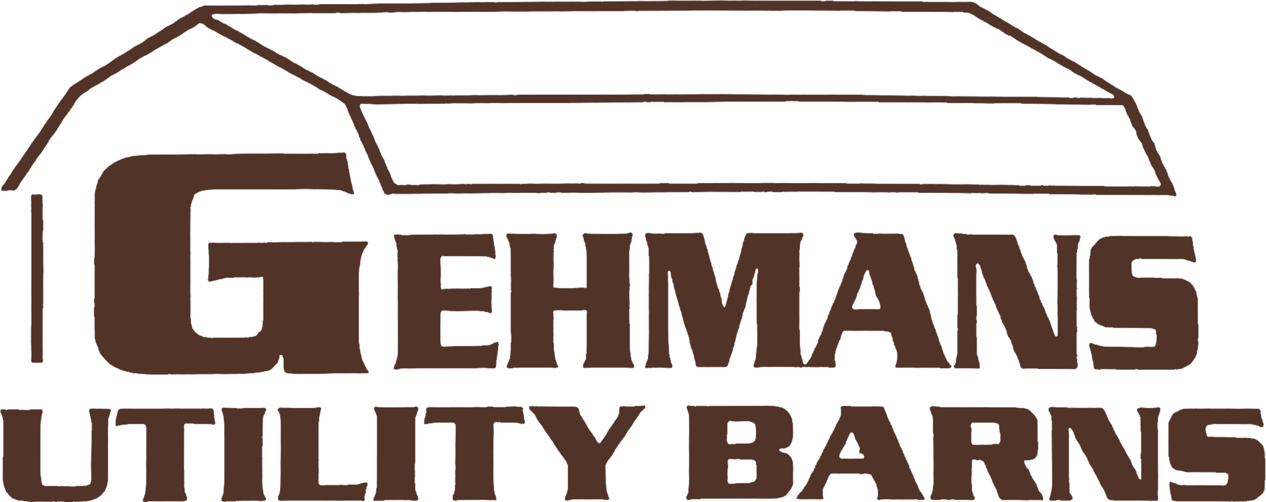 Logo for Gehman's Utility Barns featuring a barn outline above the business name in bold brown text.