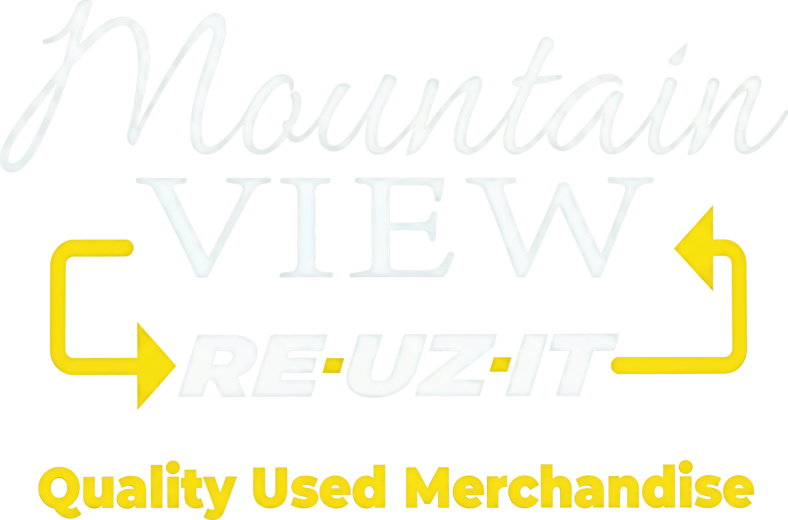 Logo with the text "Mountain View Re-Uz-It" surrounded by yellow arrows, and "Quality Used Merchandise" in bold yellow letters at the bottom.