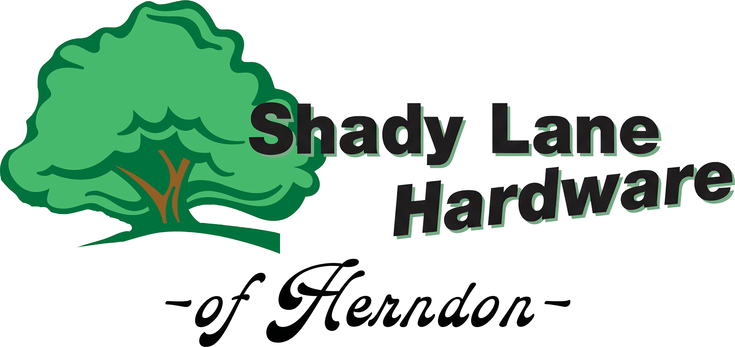 Logo with a green tree illustration and the text "Shady Lane Hardware" in bold, with "of Herndon" in script below.