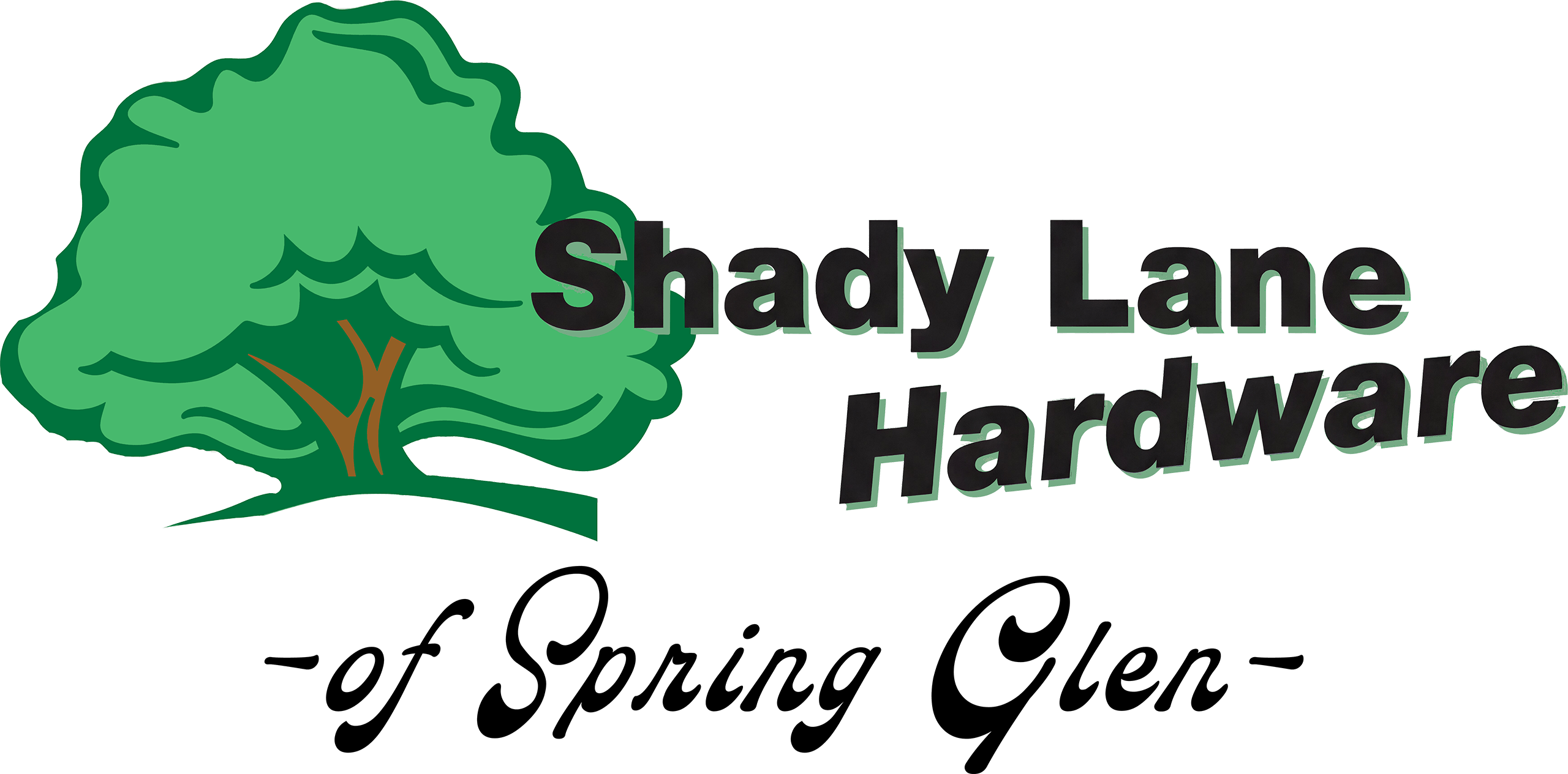 Logo for Shady Lane Hardware of Spring Glen, featuring a stylized green tree and bold black text.