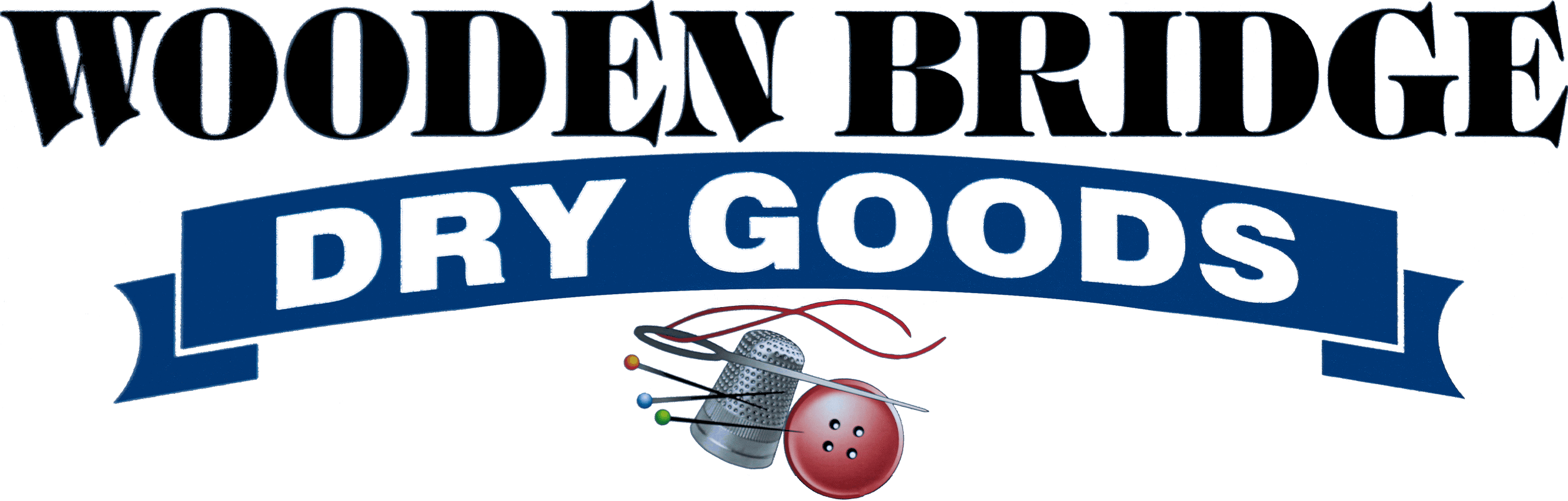Logo reading "WOODED BRIDGE DRY GOODS" with a thimble, red button, needle, and three colored pins below the text.