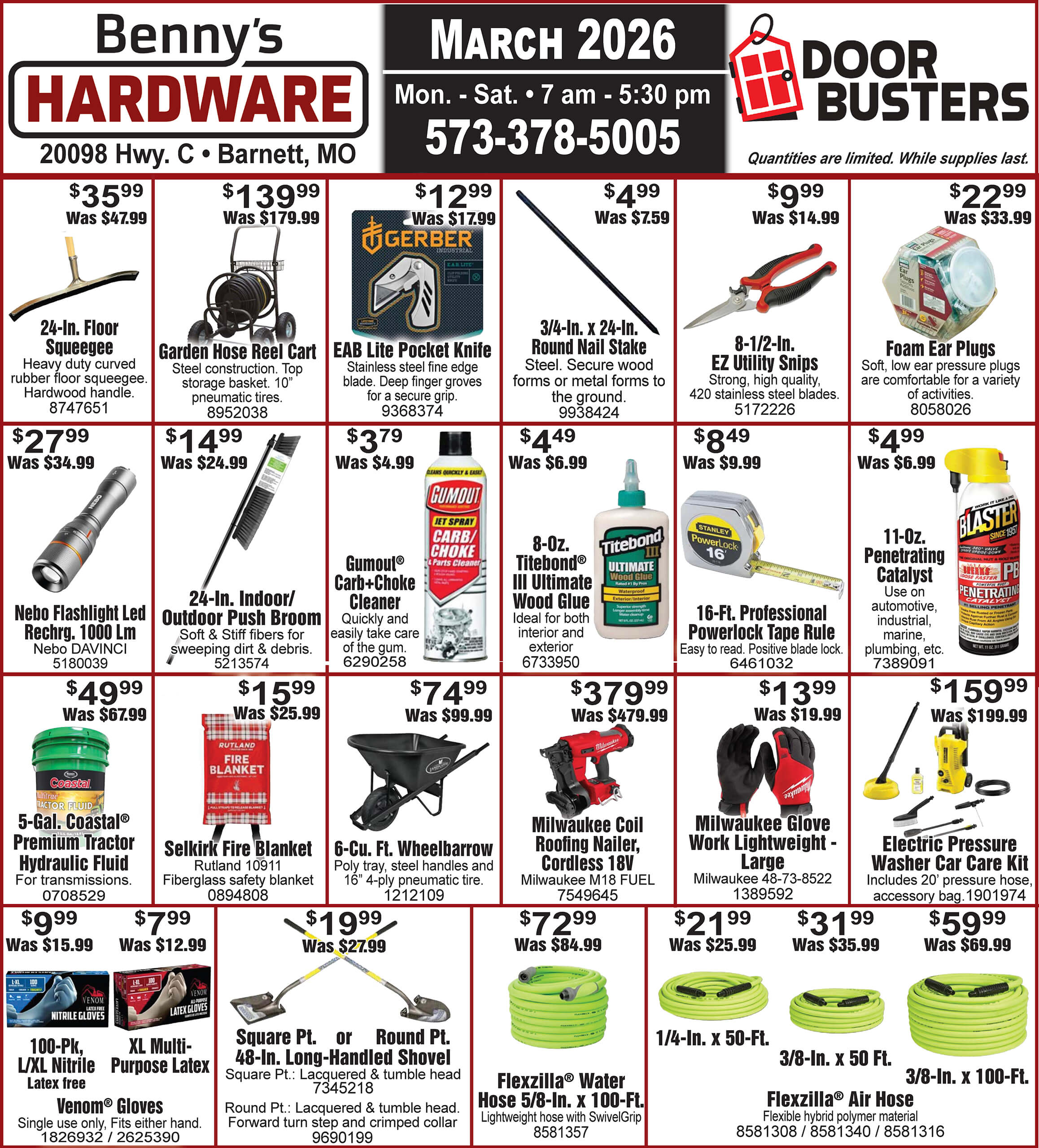 Hardware store sale flyer listing various tools, equipment, and outdoor items with prices, descriptions, and item numbers. Sale dates are March 2026 at Benny’s Hardware in Barnett, MO.