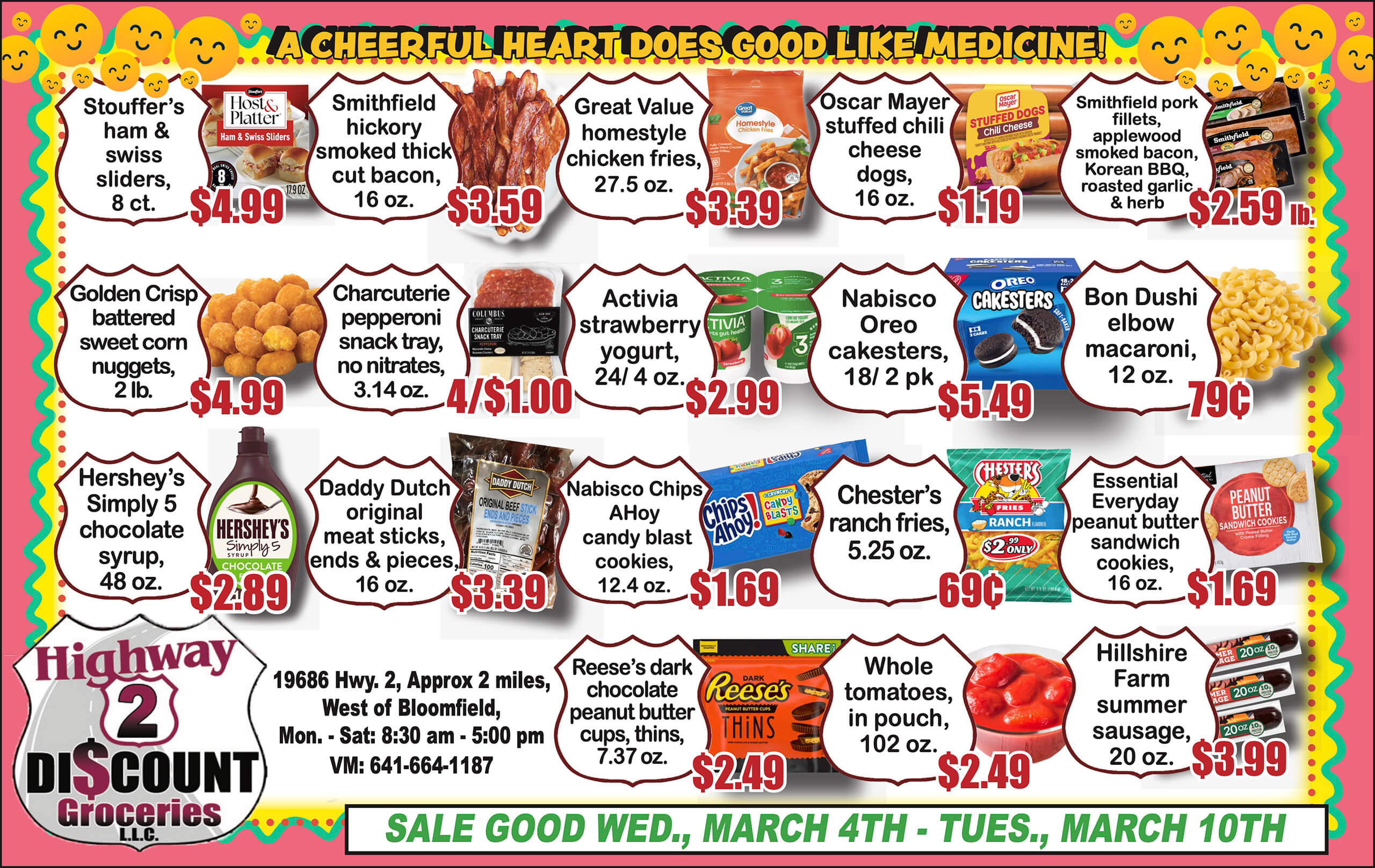 A grocery store flyer displays various food items with prices, including meats, snacks, dairy, and pasta, under a banner reading, 