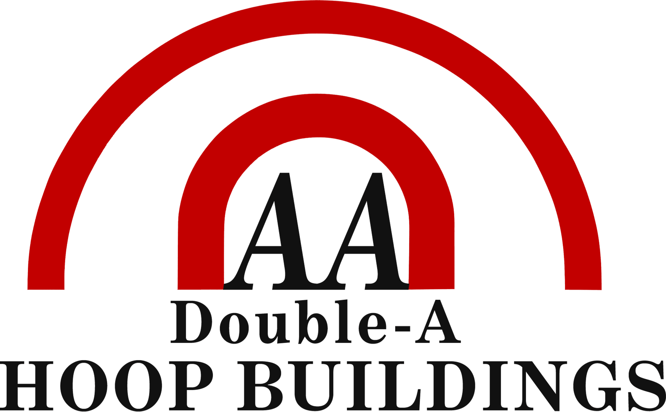 Logo with two red arches above the text "AA Double-A HOOP BUILDINGS" in black on a white background.