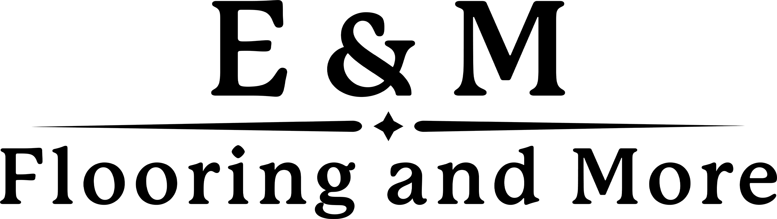 E & M Flooring and More logo in black serif font with decorative lines above and below the company name.