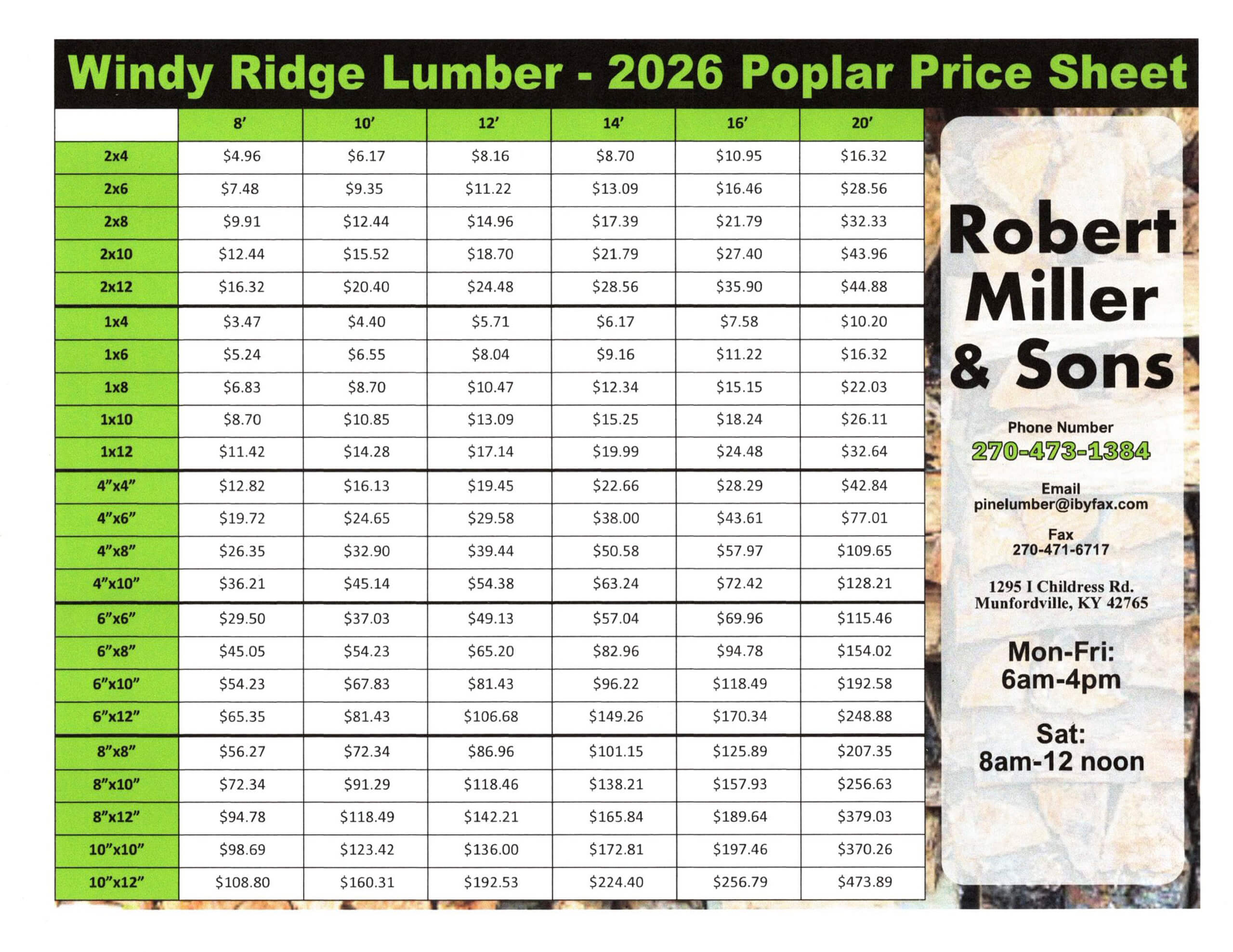 Windy Ridge Sawmill & Lumber Munfordville, Kentucky Windy Ridge Lumber 2026 poplar price sheet showing dimensions, prices by length, and contact details for Robert Miller & Sons, with hours and phone number listed on the right side.