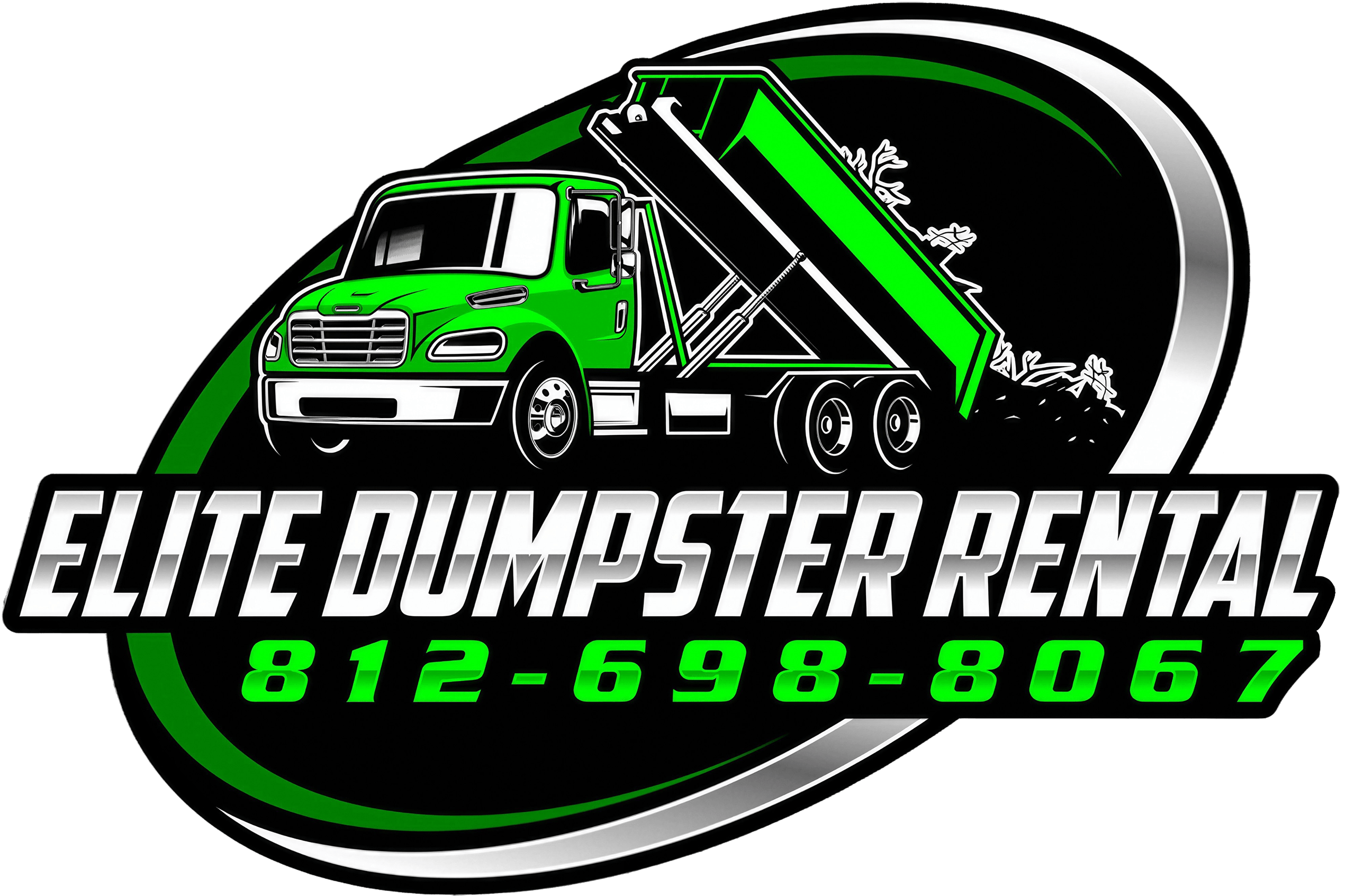 Logo for Elite Dumpster Rental featuring a green and white dump truck unloading debris, with the phone number 812-698-8067 in bold green text.