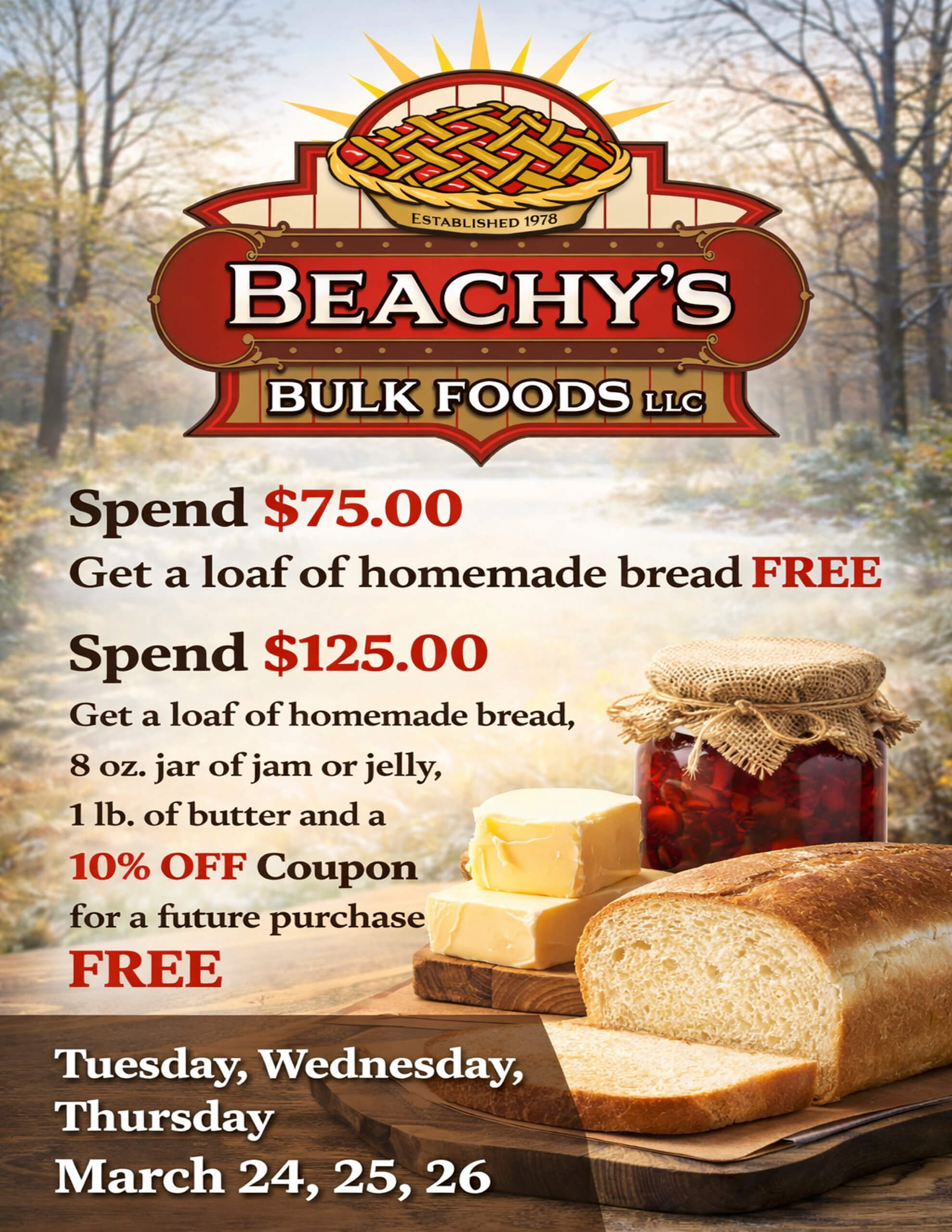Promotional poster for Beachy's Bulk Foods showing special offers for spending $75 or $125, with images of bread, jam, and butter, and event dates listed as March 24, 25, and 26.