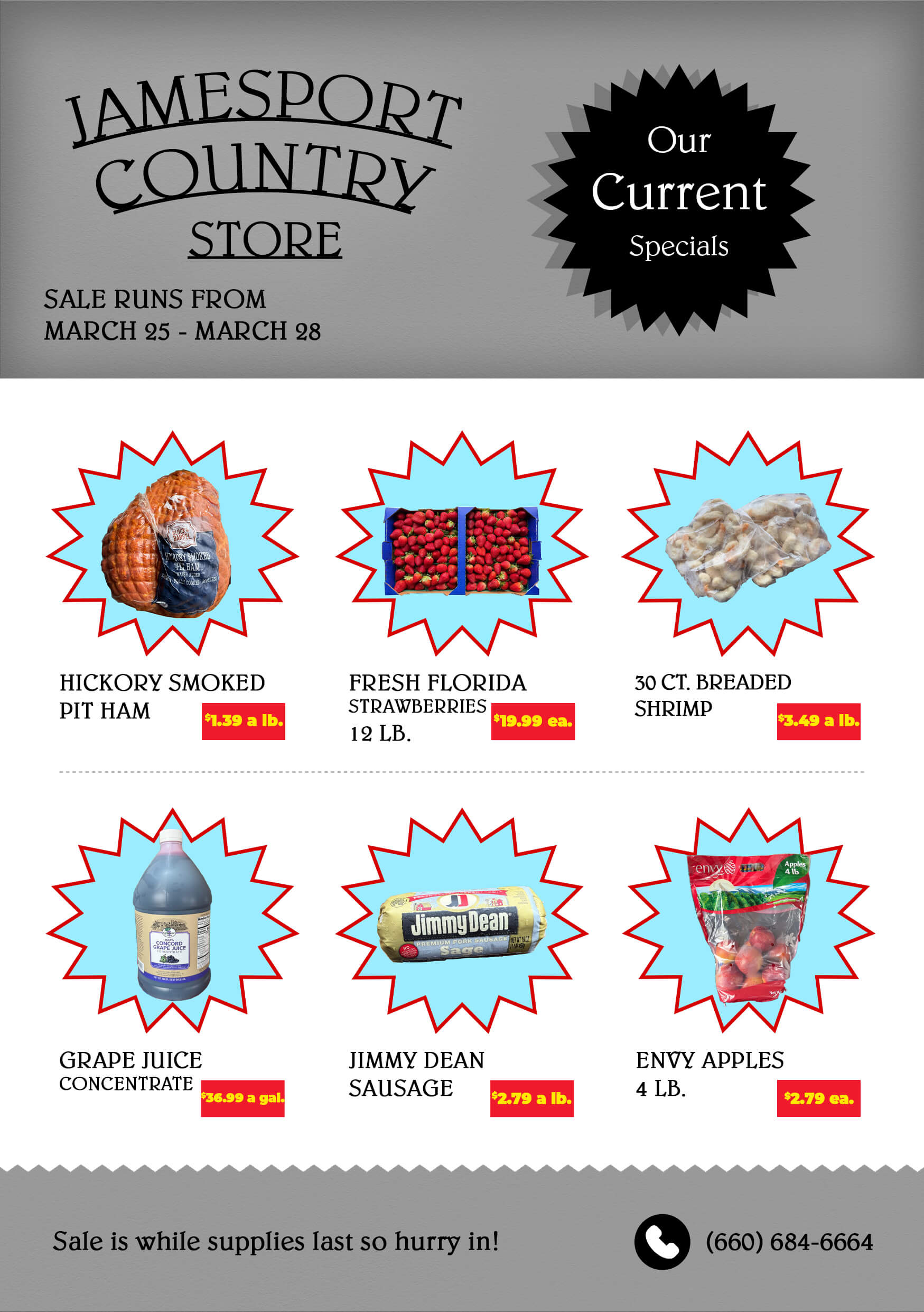 Flyer for Jamesport Country Store advertises specials on smoked pit ham, strawberries, breaded shrimp, grape juice concentrate, sausage, and Envy apples from March 25-28.