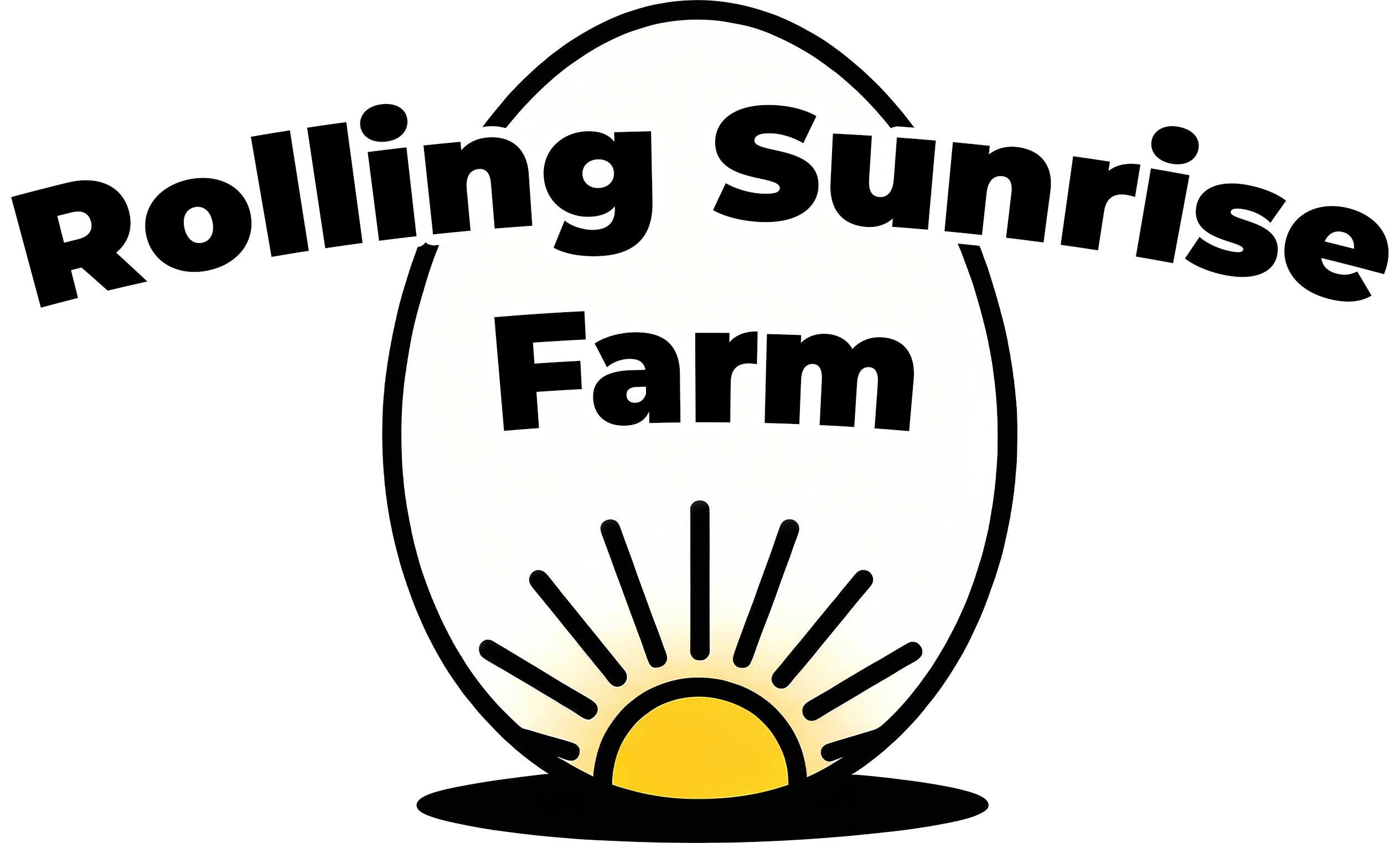 Logo with the text "Rolling Sunrise Farm" over a large egg shape, featuring a yellow sunrise at the bottom of the egg.