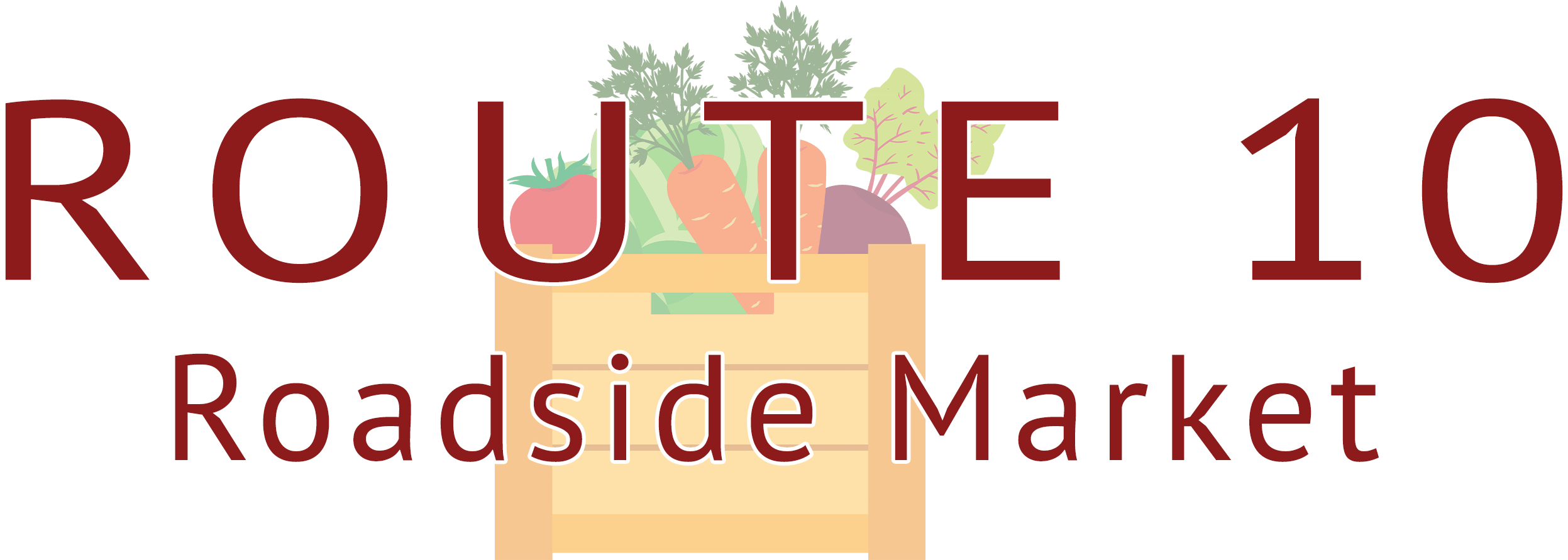 Route 10 Roadside Market sign with an illustration of a wooden crate filled with vegetables.