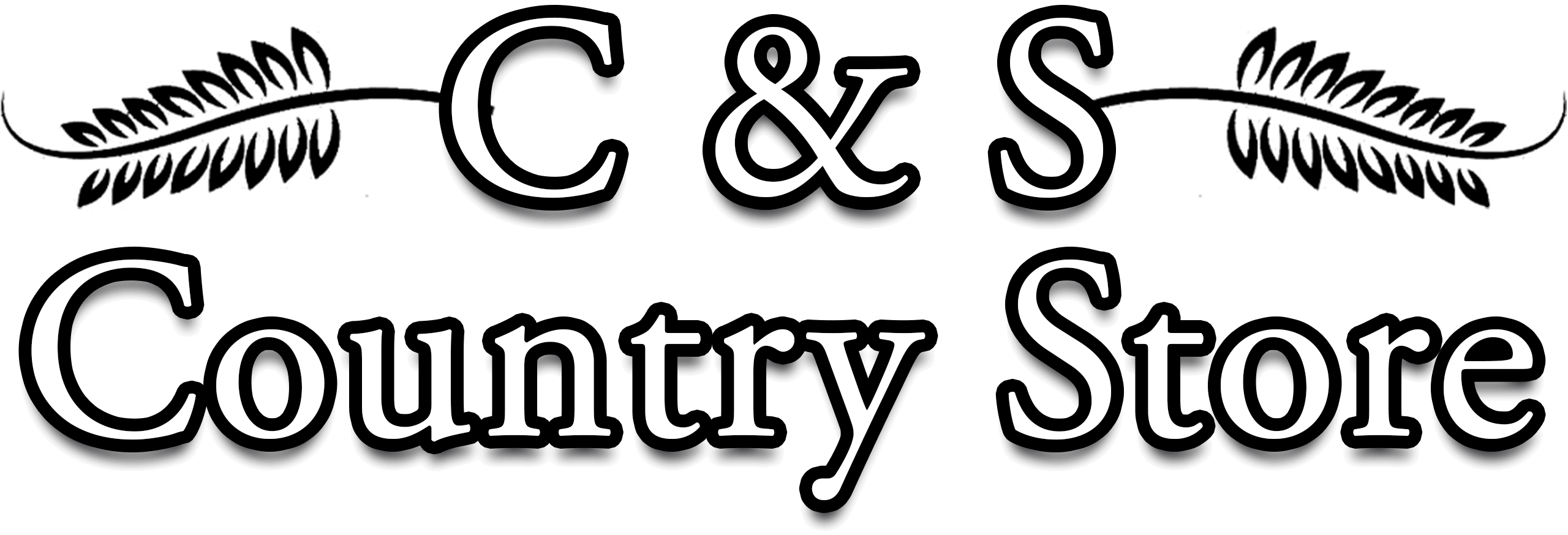 Black text reading "C & S Country Store" with decorative leaves on a white background.