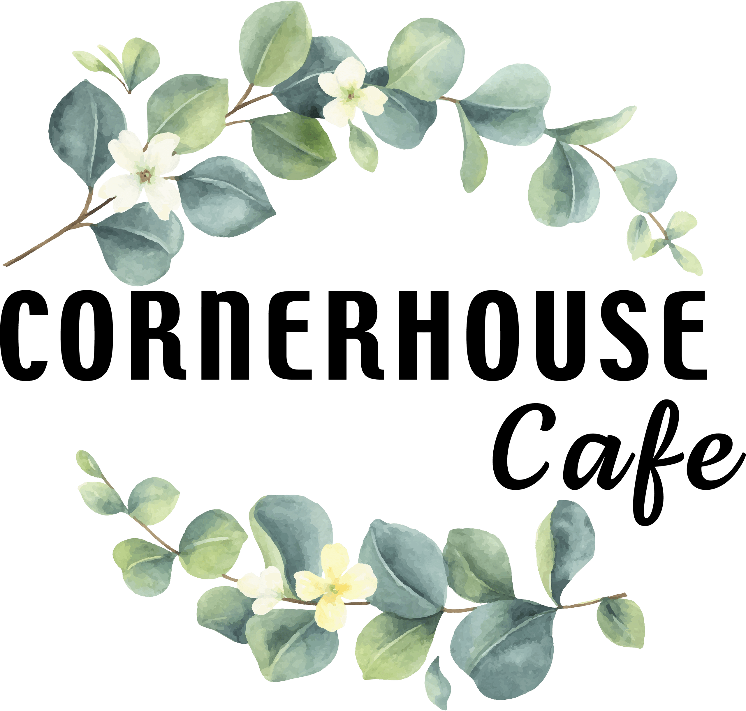 The logo for Cornerhouse Cafe features bold black text surrounded by a wreath of green eucalyptus leaves and white flowers on a light background.