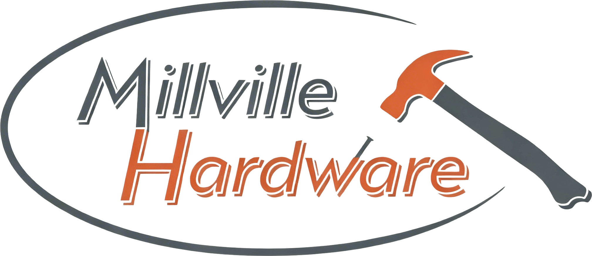 Logo for Millville Hardware featuring the store name in gray and orange text with a graphic of a hammer inside an oval outline.
