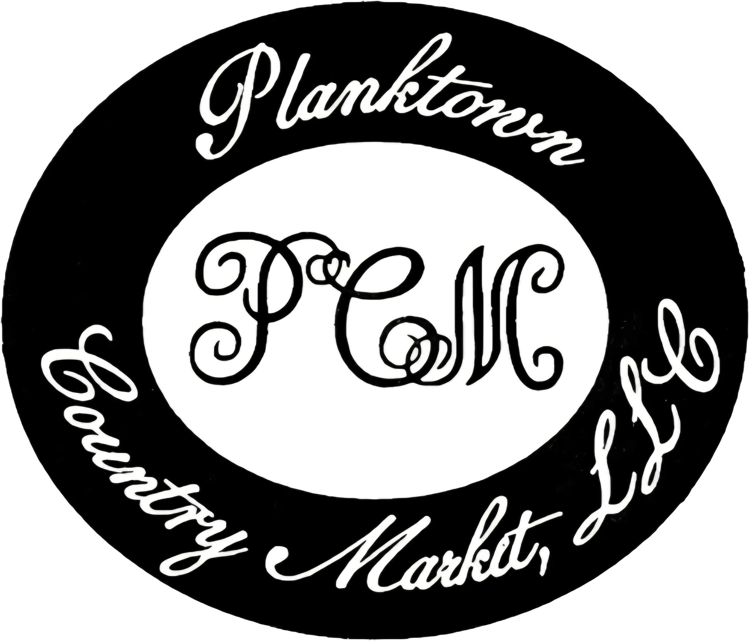Black and white circular logo with "Planktown Country Market, LLC" and ornate "PCM" initials in the center.