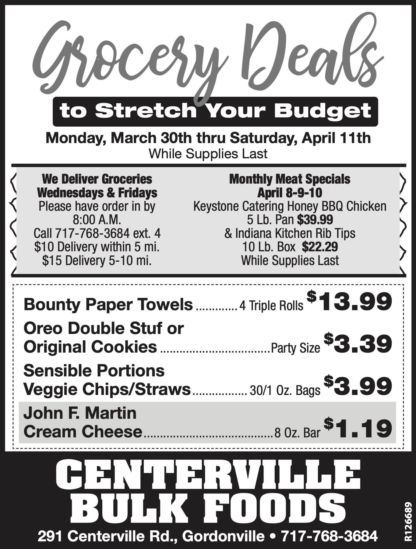 Black-and-white flyer for Centerville Bulk Foods listing grocery deals, delivery options, special meat sales, and store contact information. Offers include paper towels, Oreos, chips, and brown eggs.