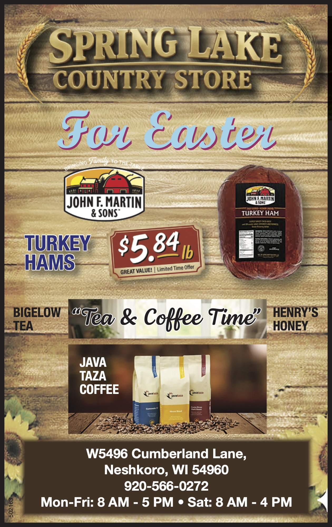 Spring Lake Country Store Easter flyer featuring John F. Martin turkey hams for $5.84/lb, Bigelow tea, Henry’s honey, and Java Taza coffee. Store hours and contact info provided.