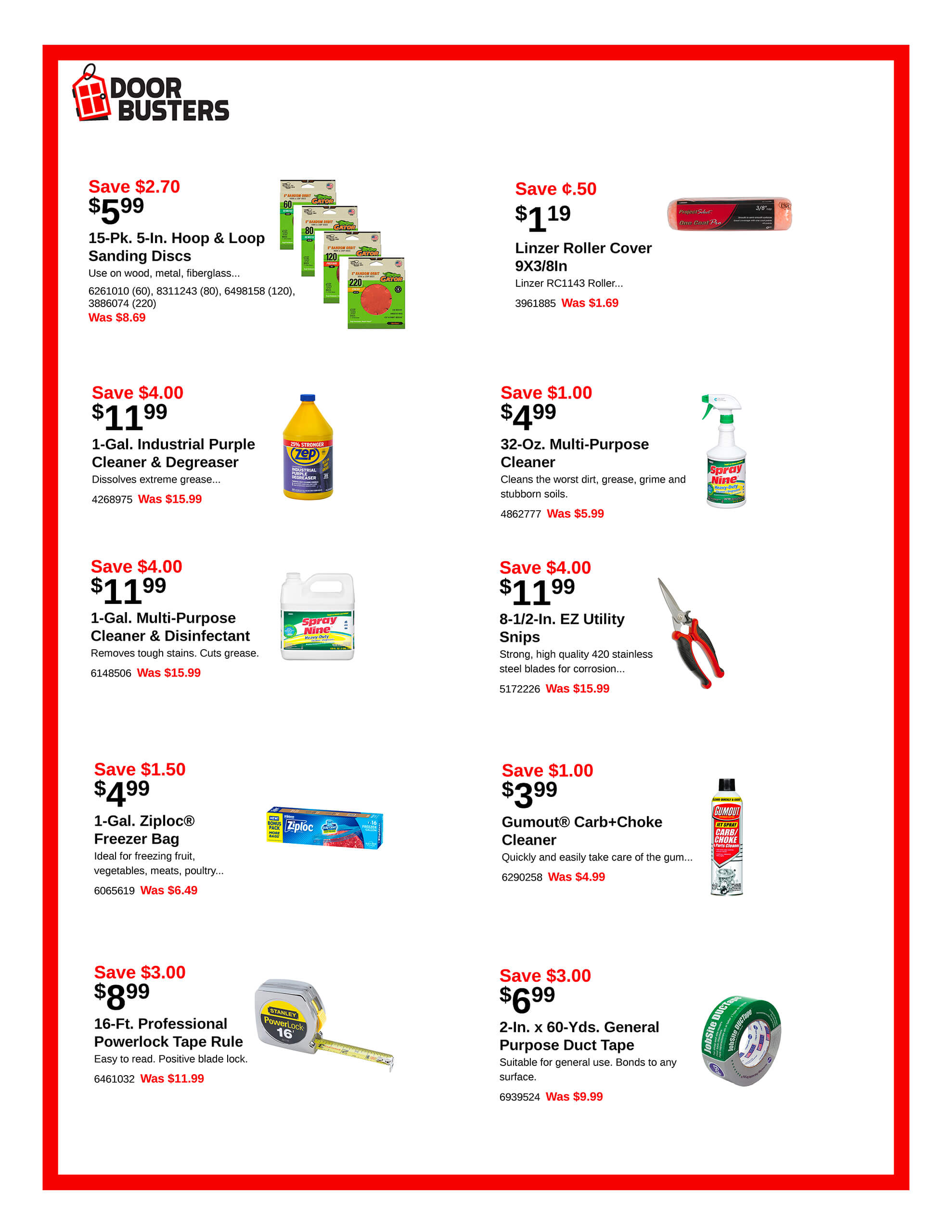 A sales flyer displaying discounted hardware items, including cleaning products, tools, sanding discs, measuring tapes, and an upholstery roller cover, each with prices and savings highlighted.
