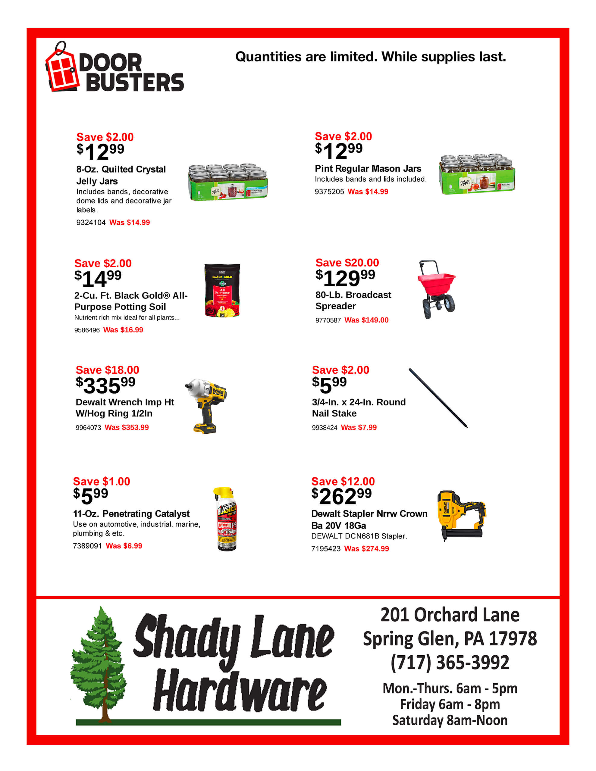 Hardware store flyer featuring discounted items such as jars, a wheelbarrow, drill, lawn tools, spray cans, and store contact details for Shady Lane Hardware in Spring Glen, PA.