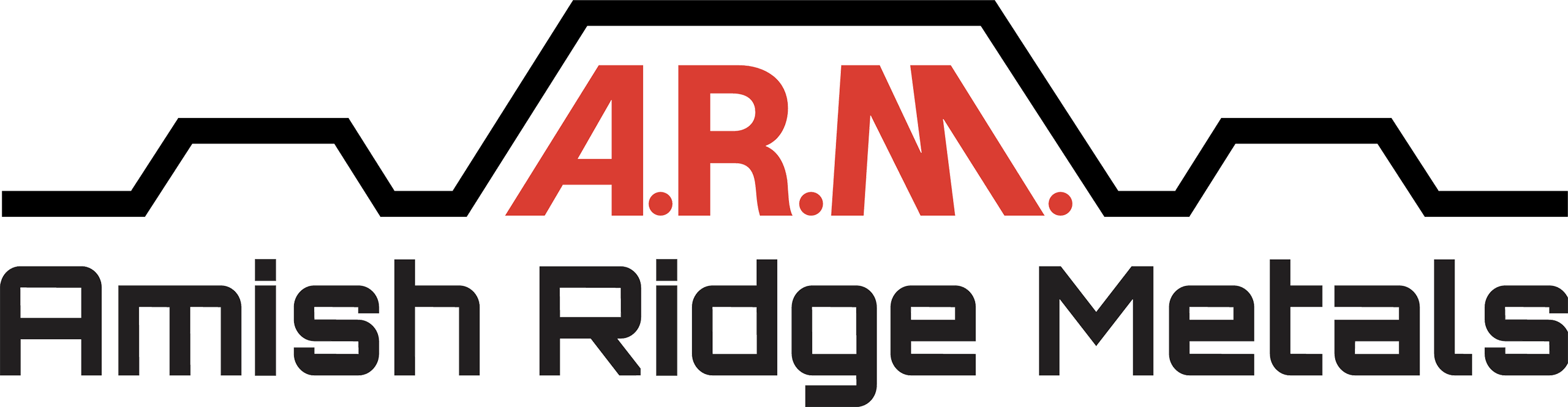 Logo for Amish Ridge Metals featuring "A.R.M." in red above the text "Amish Ridge Metals" in black, with a stylized roofline graphic above the words.