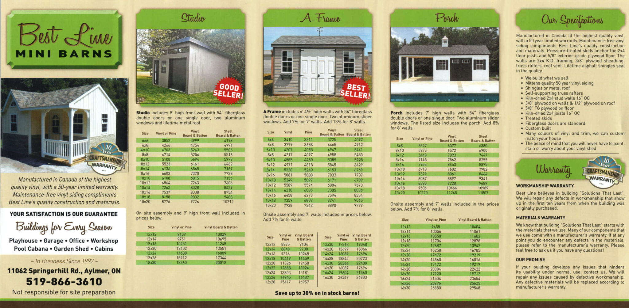 Best Line Mini Barns Aylmer, ON Brochure for Best Line Mini Barns showing images, pricing, and features of studio, A-frame, and porch models, plus warranty info and contact details. Green and beige color scheme.