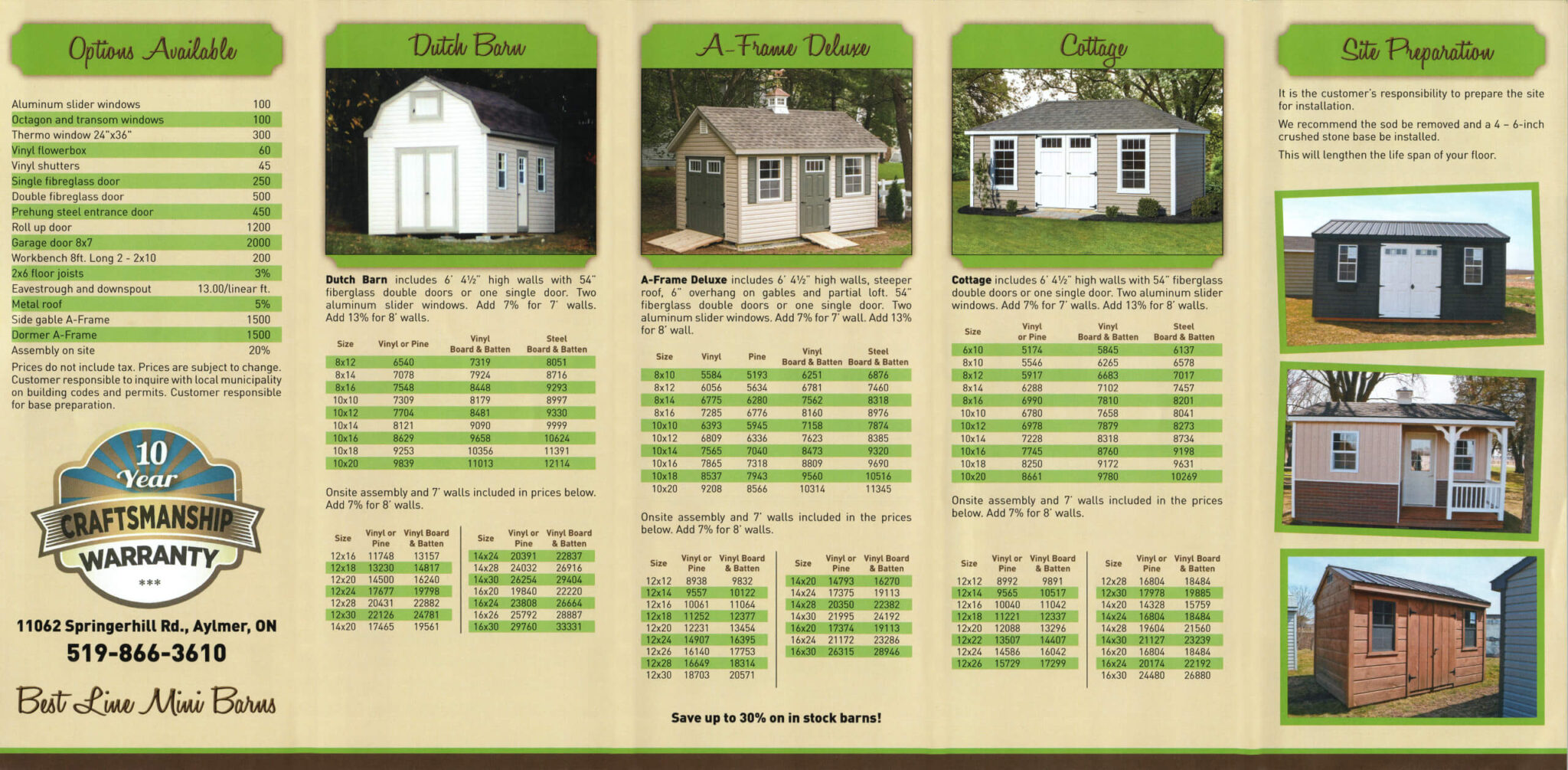 Best Line Mini Barns Aylmer, ON Brochure showing different models and prices of mini barns, including Dutch Barn, A-Frame Deluxe, and Cottage, with specifications, options, and warranty information.