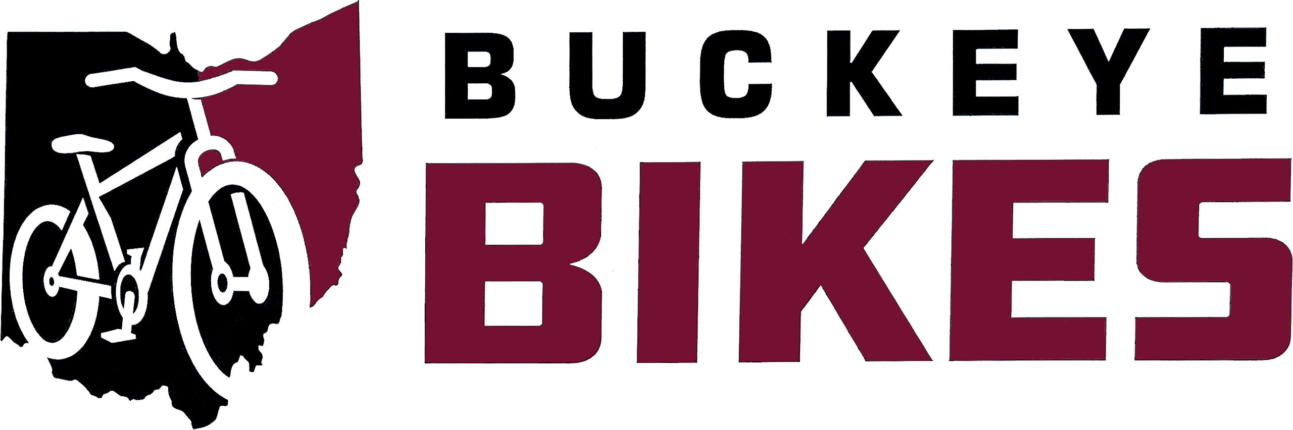 Logo for Buckeye Bikes featuring an outline of Ohio with a bicycle icon inside and the words "BUCKEYE BIKES" in bold black and maroon letters.