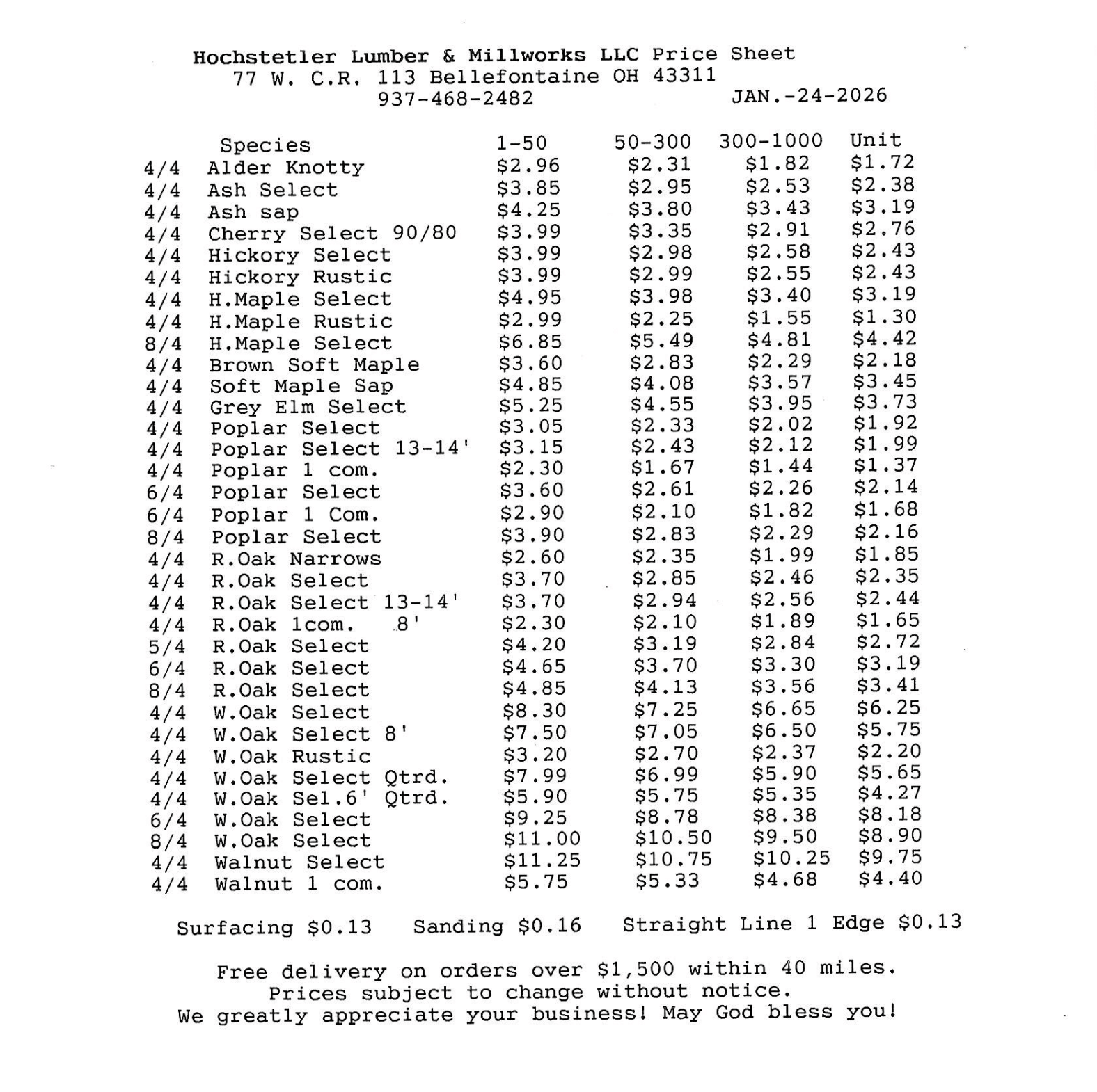 A printed price sheet from Hochstetler Lumber & Millworks lists wood species, grades, thicknesses, prices, and additional charges, dated January 24, 2026.