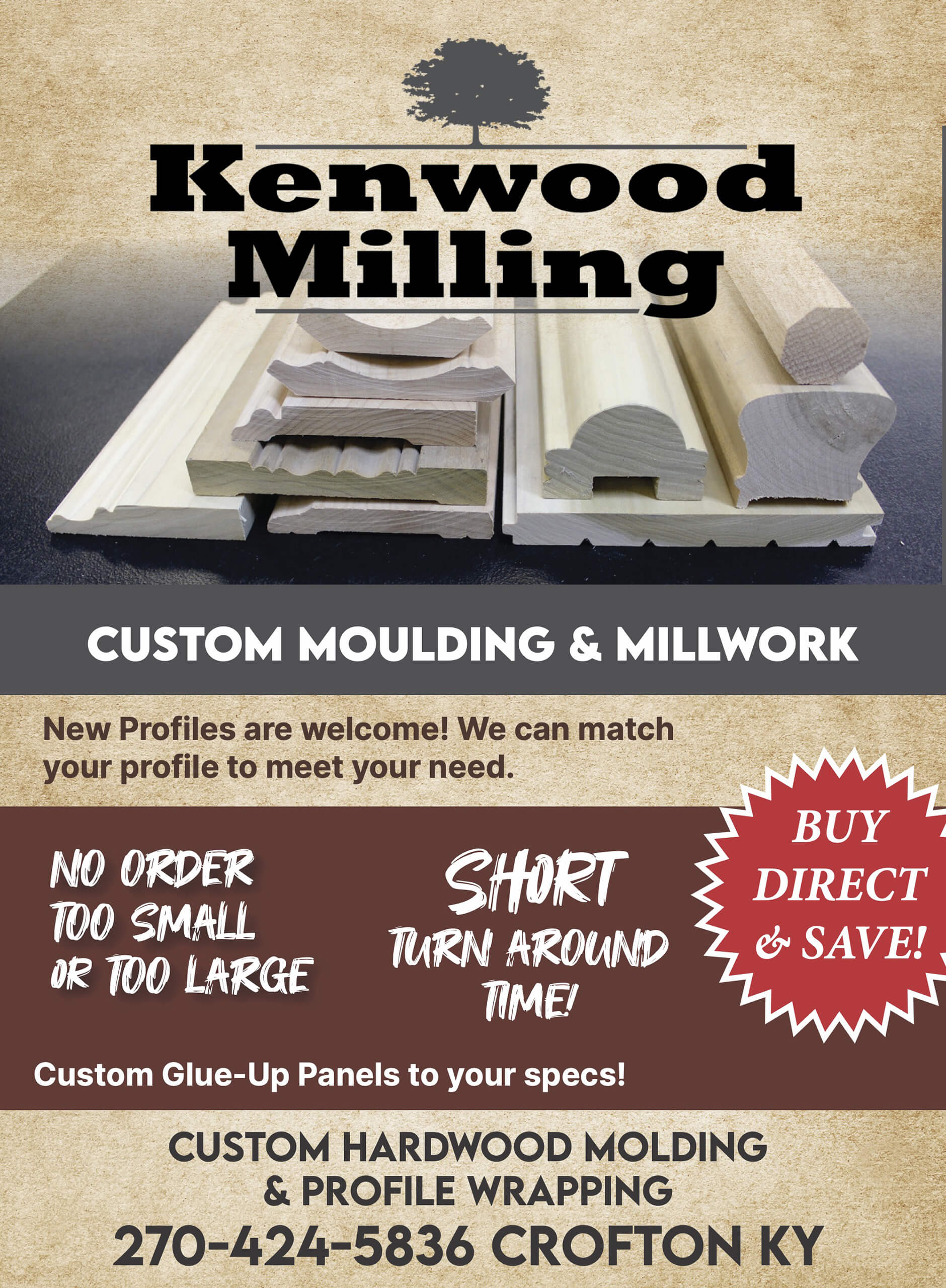 Flyer for Kenwood Milling featuring images of custom wood mouldings and details about custom millwork, fast turnaround, and contact info in Crofton, KY.