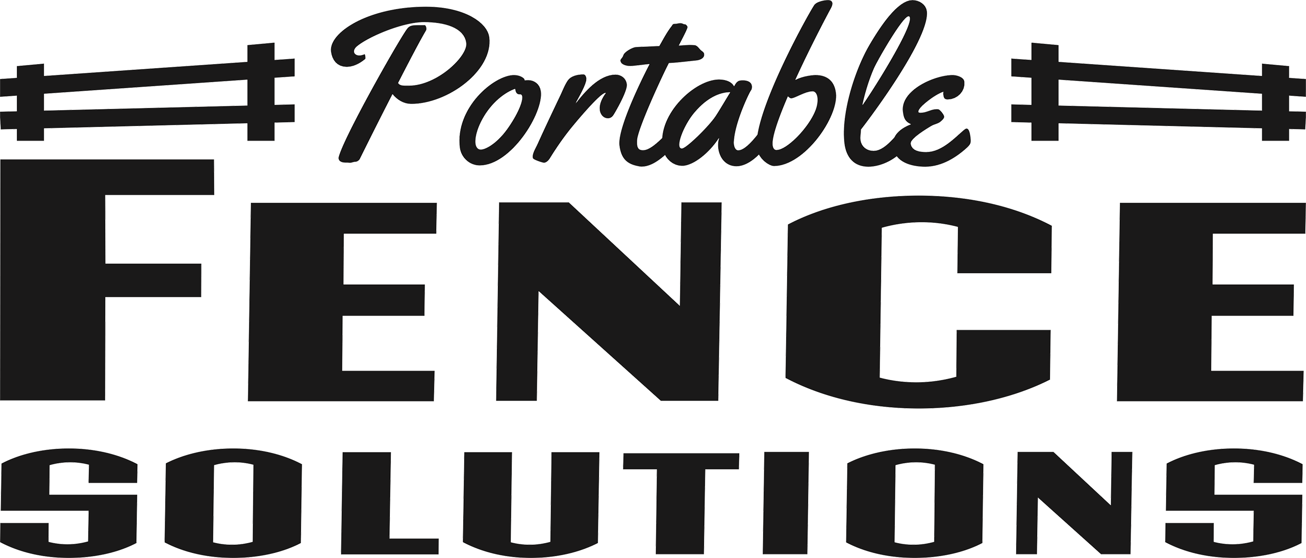 Black and white logo reads "Portable Fence Solutions" with stylized fence graphics above the word "Portable.