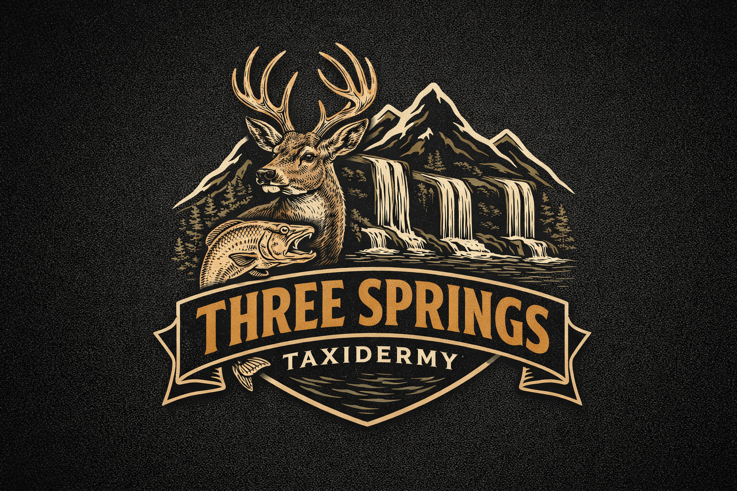 Logo for "Three Springs Taxidermy" featuring a deer, a fish, mountains, and waterfalls, with bold gold and black text on a textured dark background.