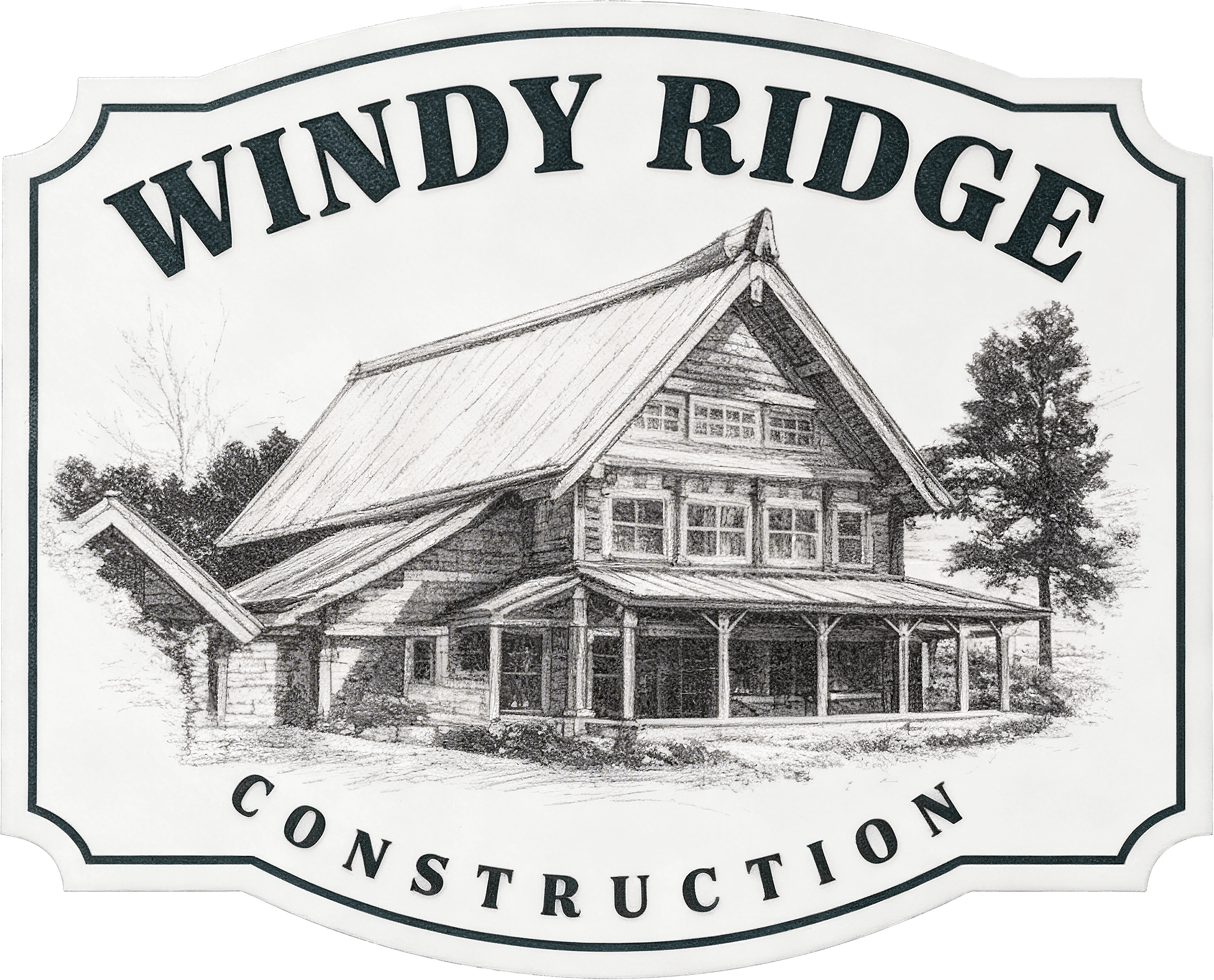 Black and white illustration of a two-story house with a large porch, labeled "Windy Ridge Construction" in bold letters above and below the image.