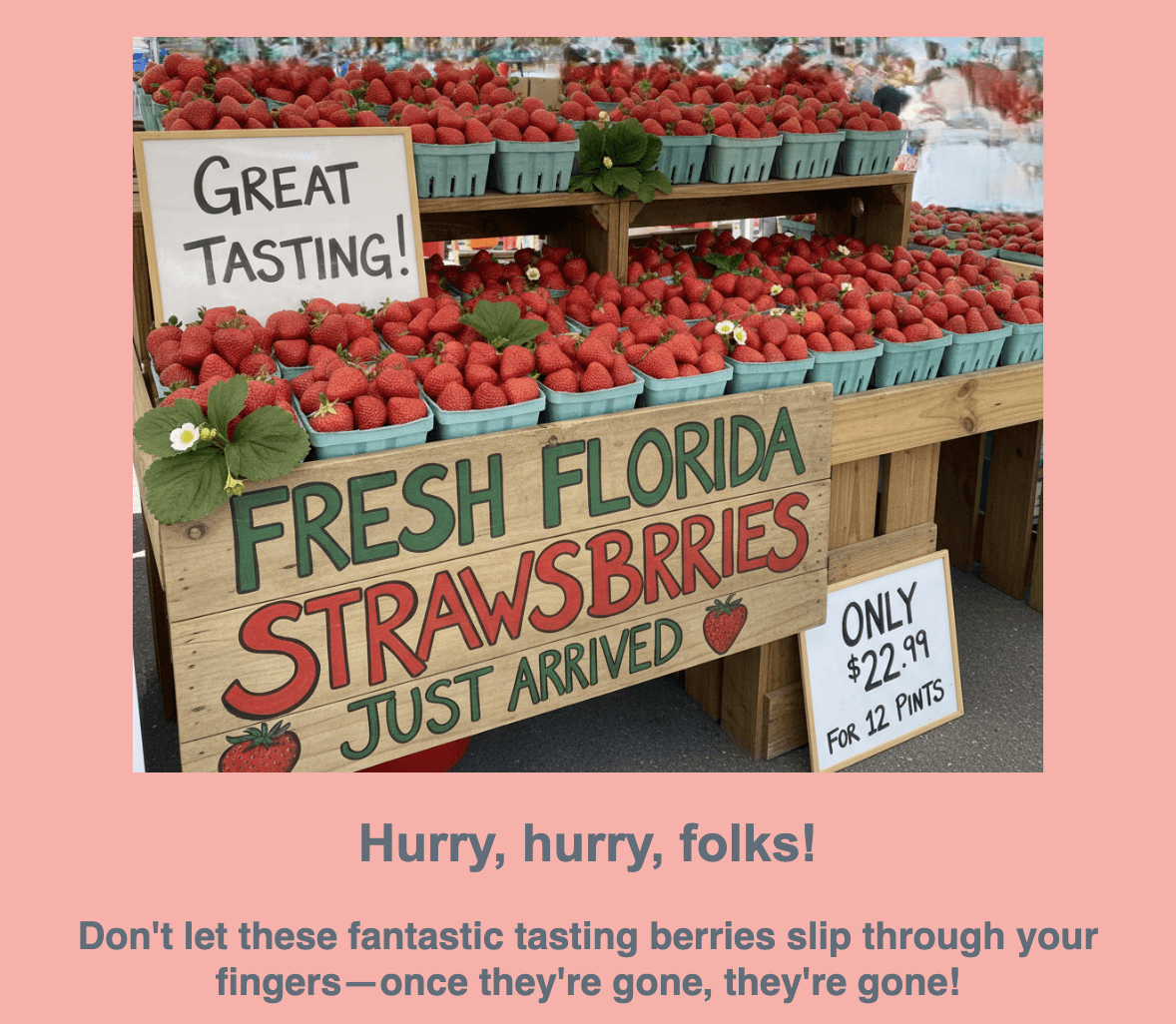 Baskets of strawberries are displayed on a wooden stand with signs reading “Great Tasting!” and “Fresh Florida Strawberries Just Arrived.” Price is listed as $22.99 for 12 pints.