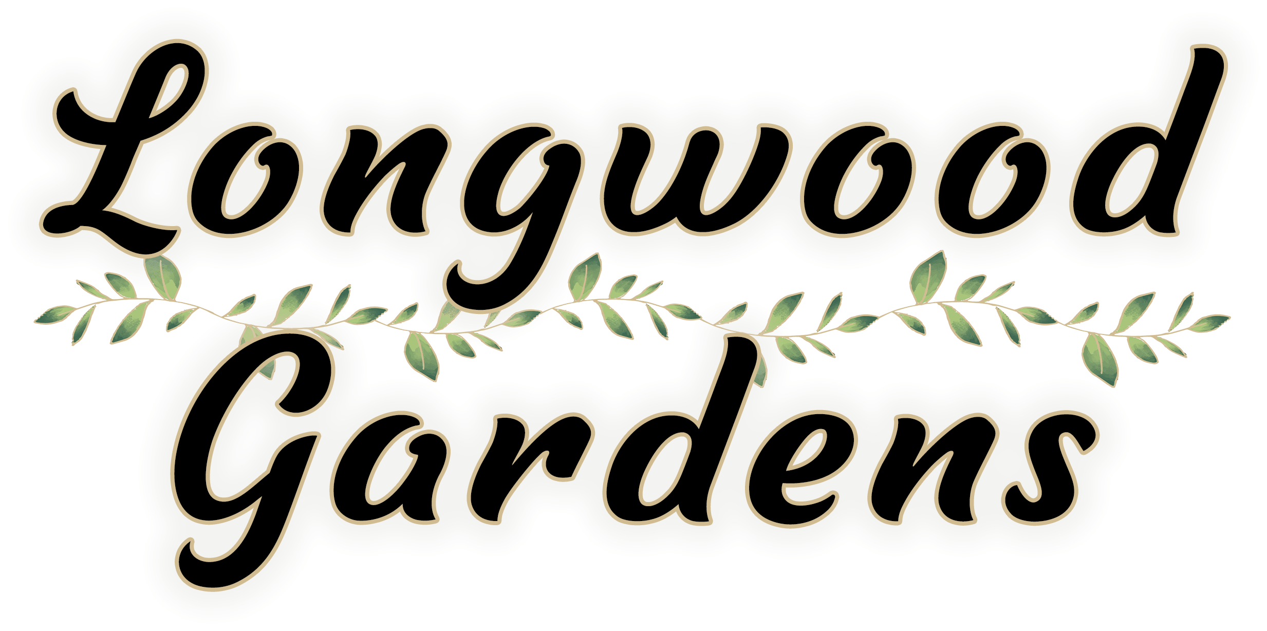 Longwood Gardens" written in black cursive text with a green leafy vine running horizontally between the words.