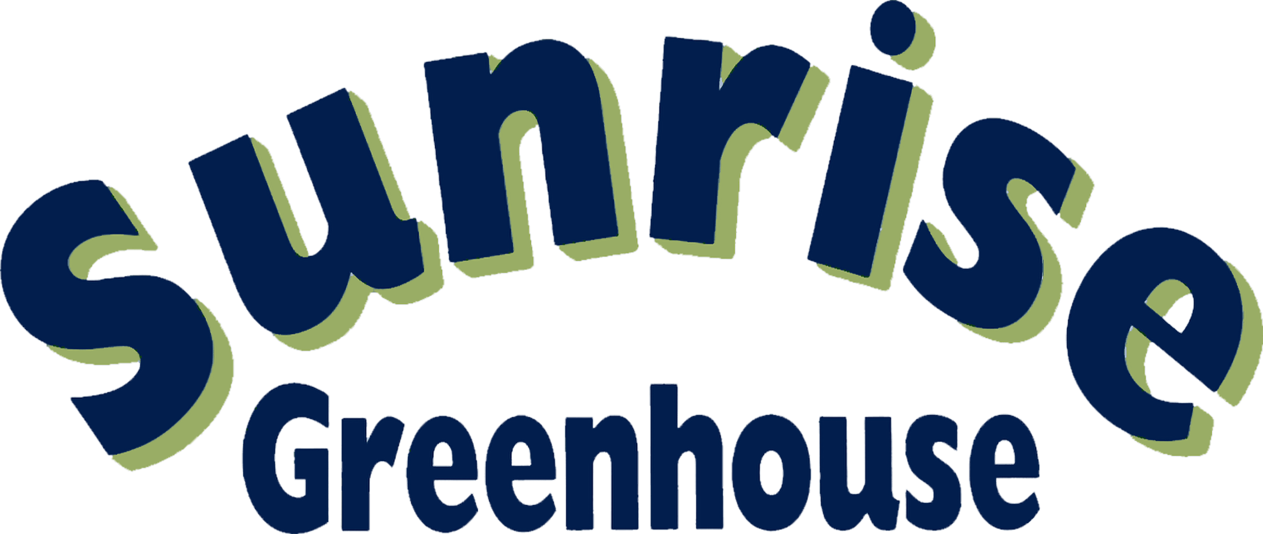 Logo with the words "Sunrise Greenhouse"; "Sunrise" is arched, large, and dark blue with a green shadow, while "Greenhouse" is underneath in smaller, bold dark blue letters.