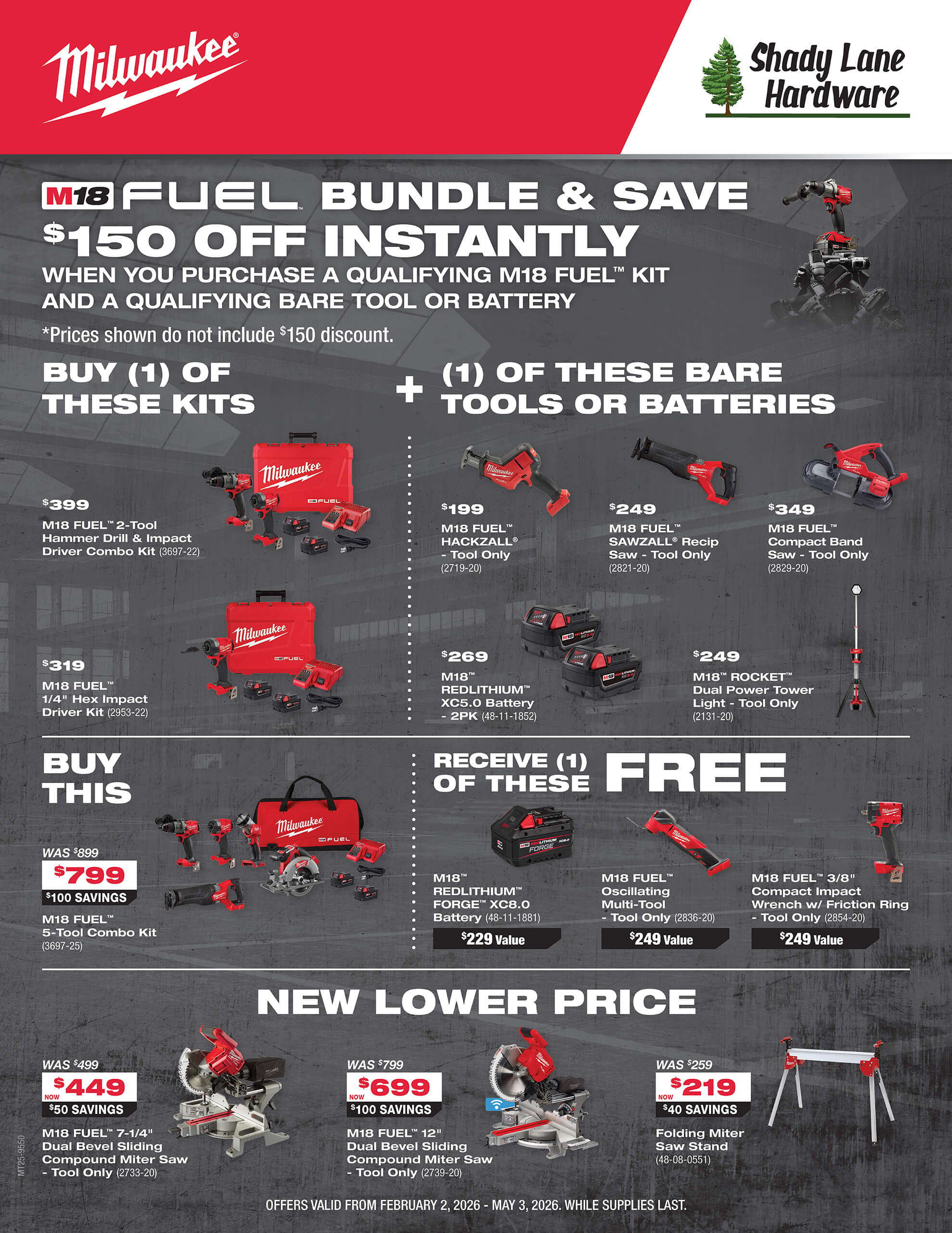 Promotional flyer for Milwaukee M18 Fuel tools at Shady Lane Hardware, detailing bundle savings, eligible kits, bare tools, and batteries, with prices and terms visible.