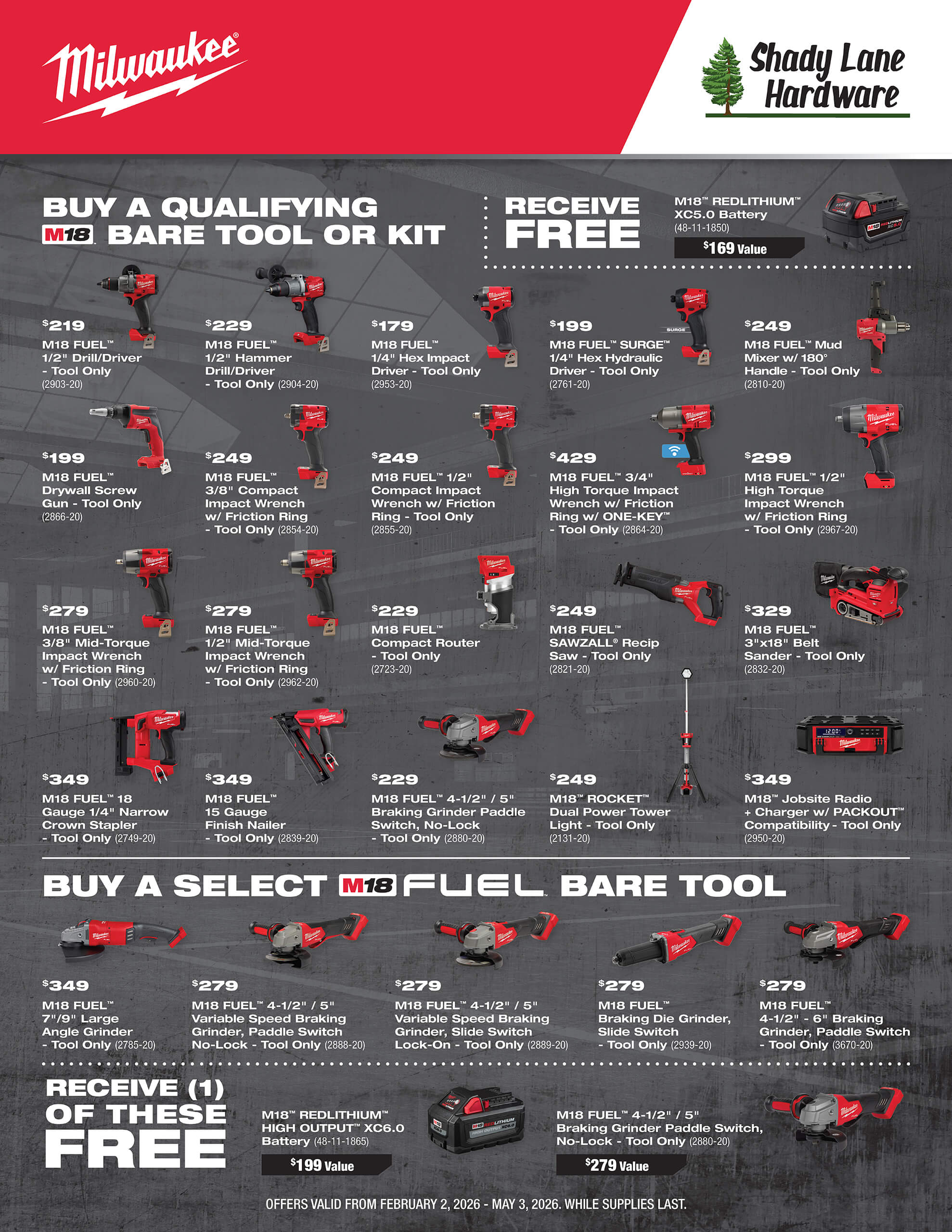 Milwaukee tool promotion flyer showing various power tools, prices, and free battery or charger offers, co-branded with Shady Lane Hardware.