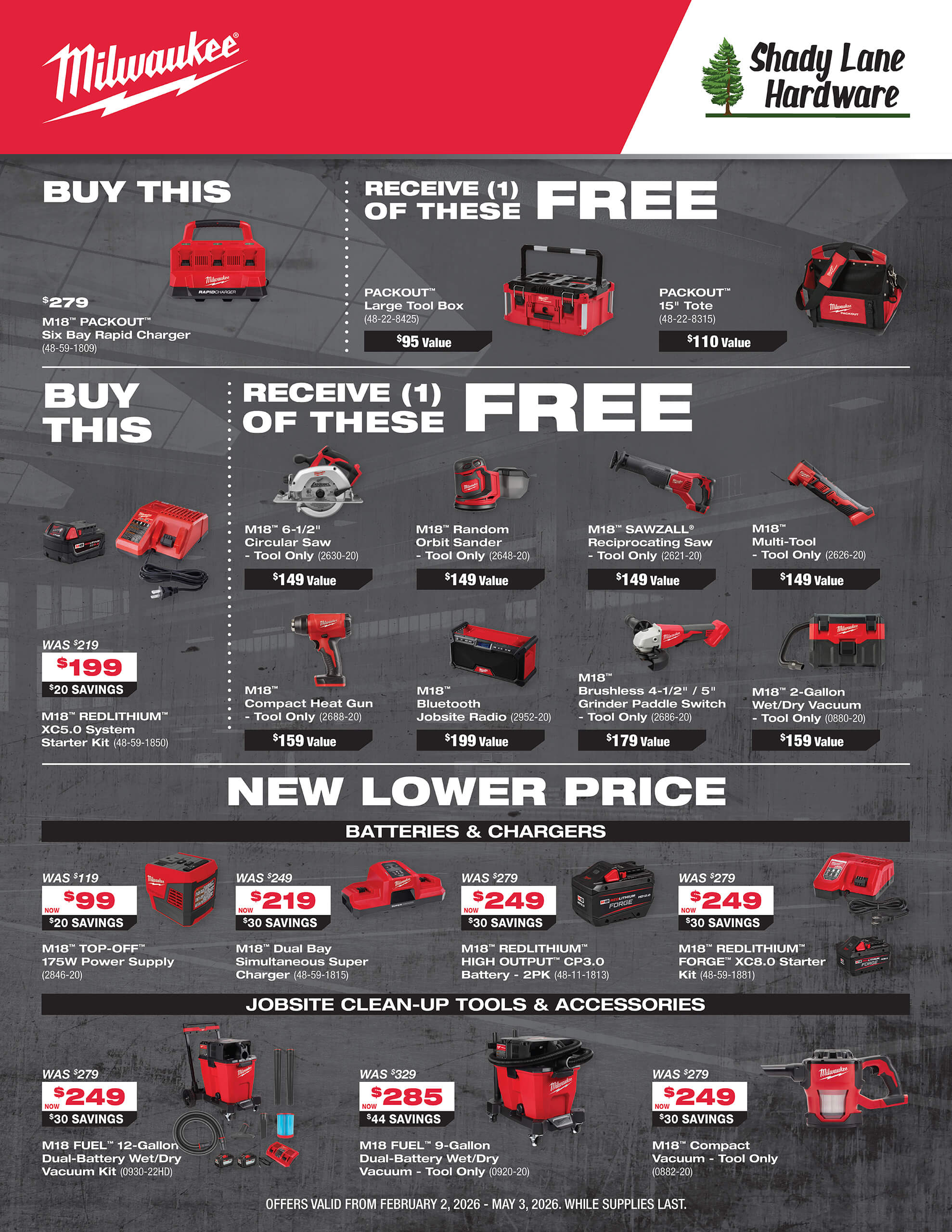 Milwaukee tool promotion flyer showing deals on tool kits, free tool offers, reduced prices on batteries and chargers, and jobsite accessories, at Shady Lane Hardware.