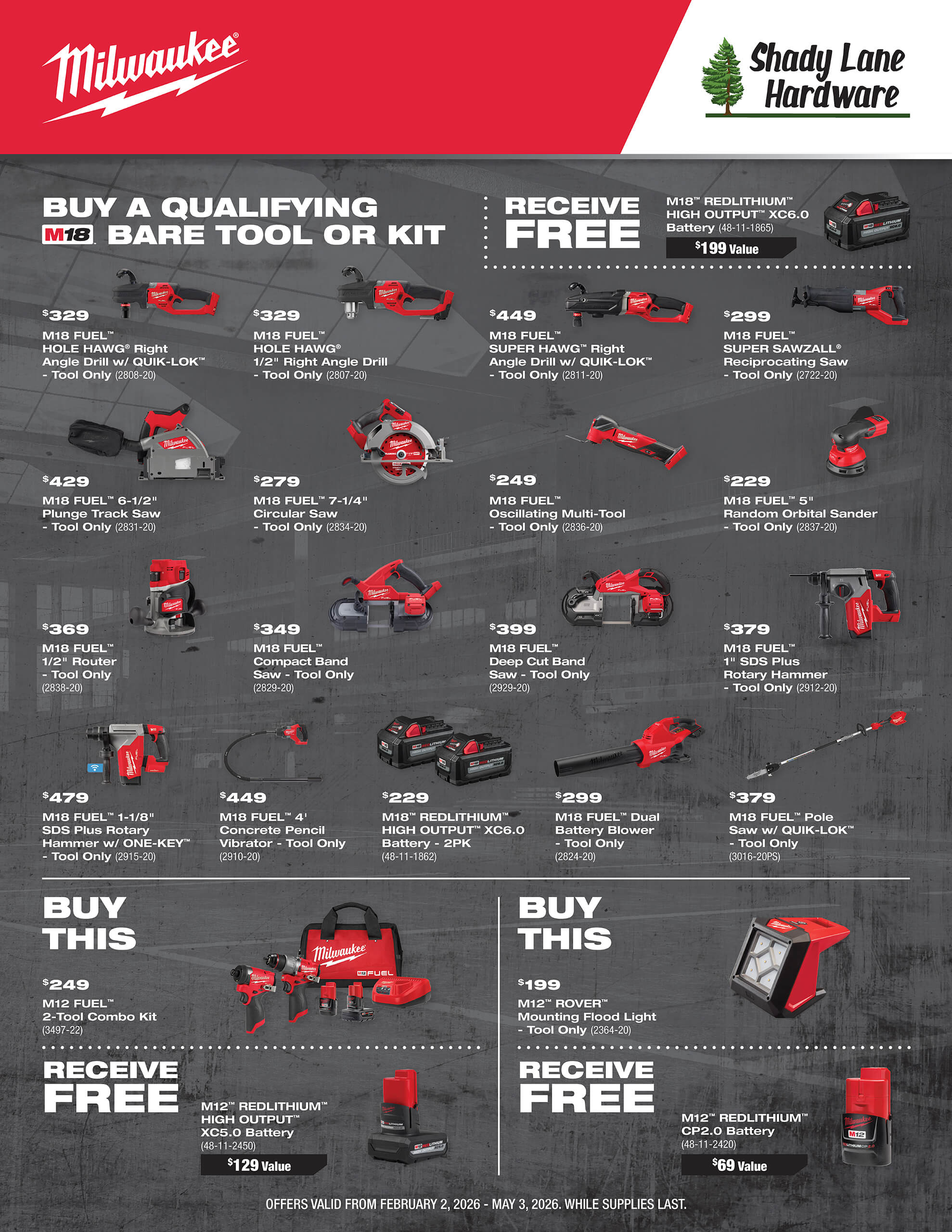 Milwaukee power tools and kits displayed with prices and promotion details, offering a free battery or light with qualifying purchases at Shady Lane Hardware.