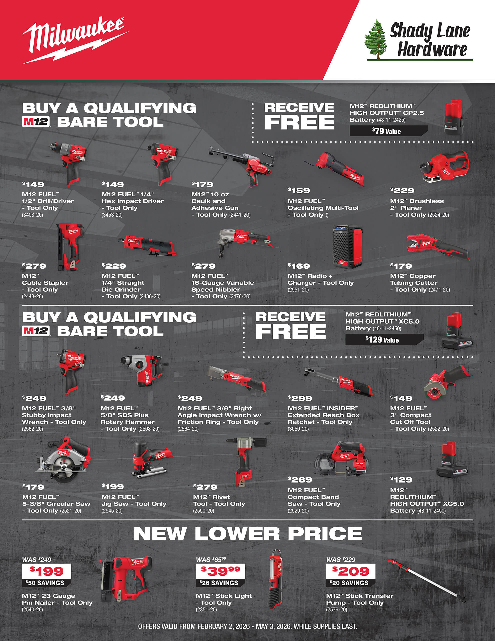 Milwaukee tool promotion flyer showing qualifying M12 and M18 bare tools, free tool offers, new lower prices, and Shady Lane Hardware branding.