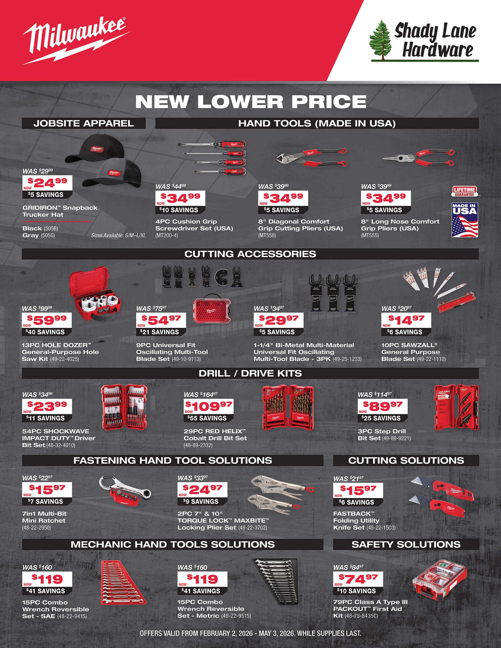 Milwaukee tool and accessory sale flyer listing discounted prices and product images, including hand tools, jobsite apparel, and cutting accessories at Shady Lane Hardware.