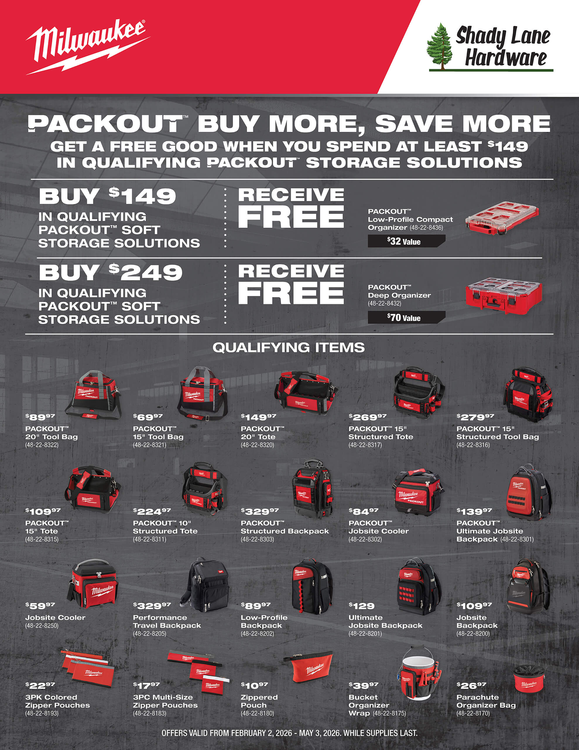 Promotional flyer for Milwaukee Packout storage solutions featuring product images, prices, and a buy-more, save-more offer with free items for purchases over $149 or $249.