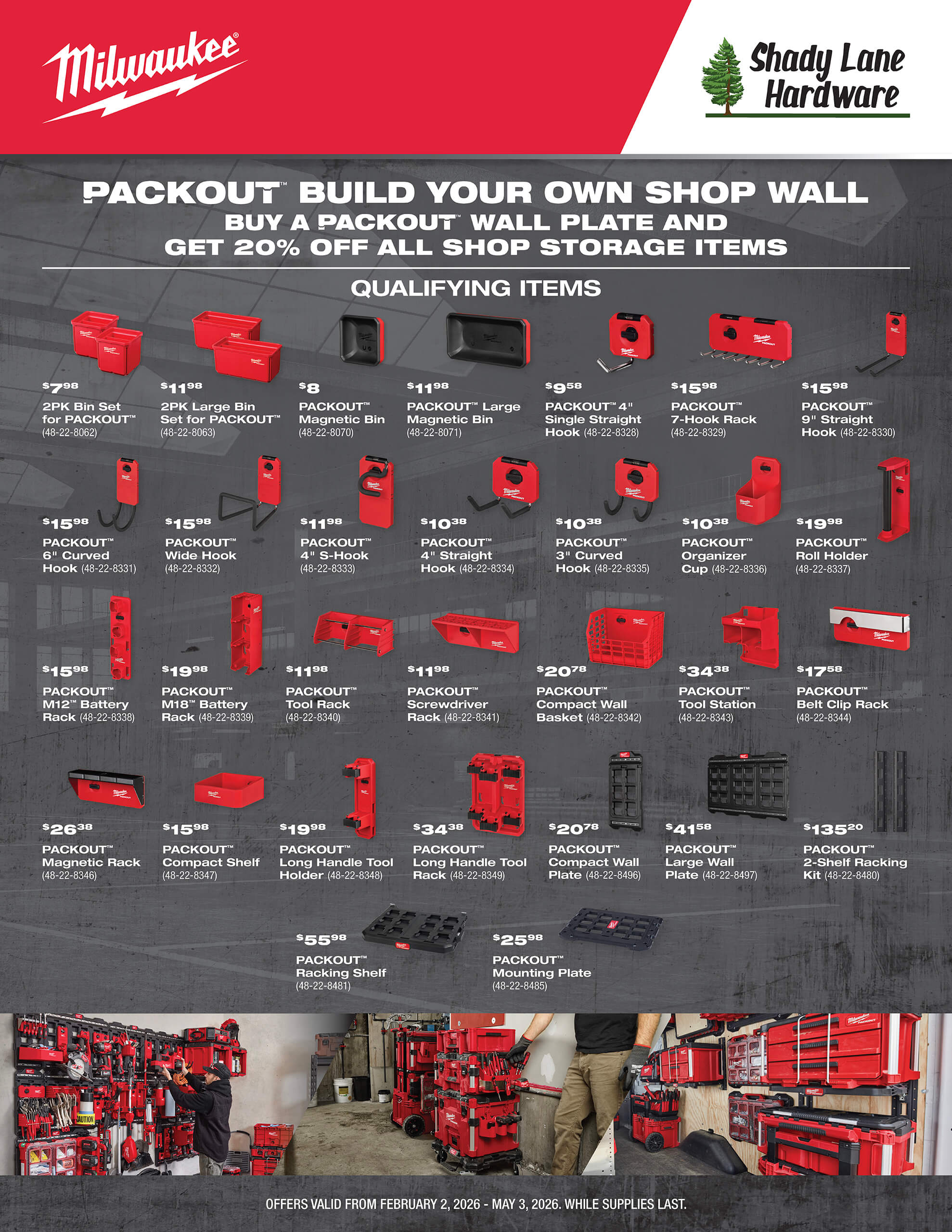 Milwaukee PACKOUT shop wall promotion flyer displaying various red tool storage products, prices, and a 20% off offer at Shady Lane Hardware.