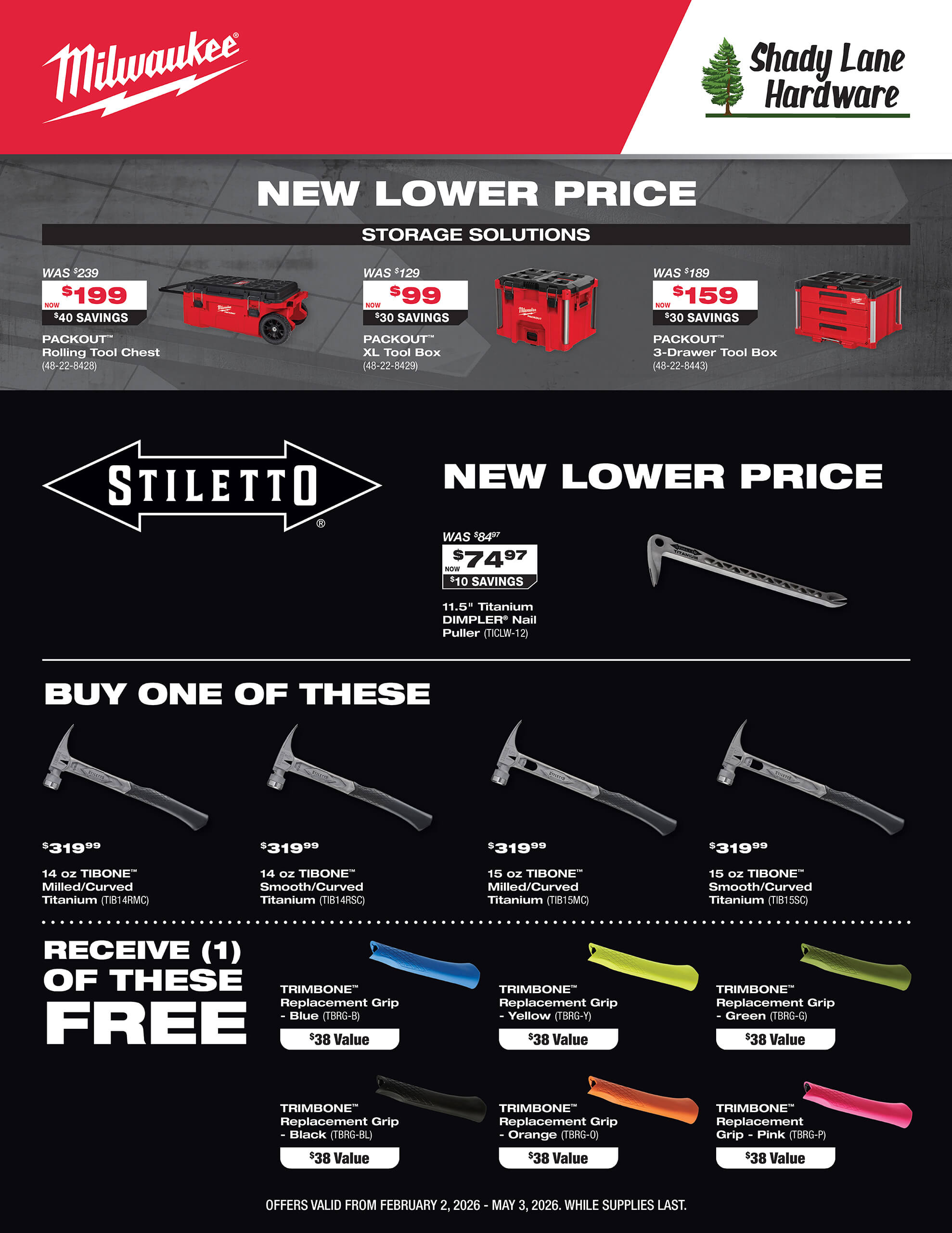 Sales flyer for Milwaukee and Stiletto tools advertises lower prices on storage solutions and hammers, plus a free Tibone grip with select hammer purchases at Shady Lane Hardware.